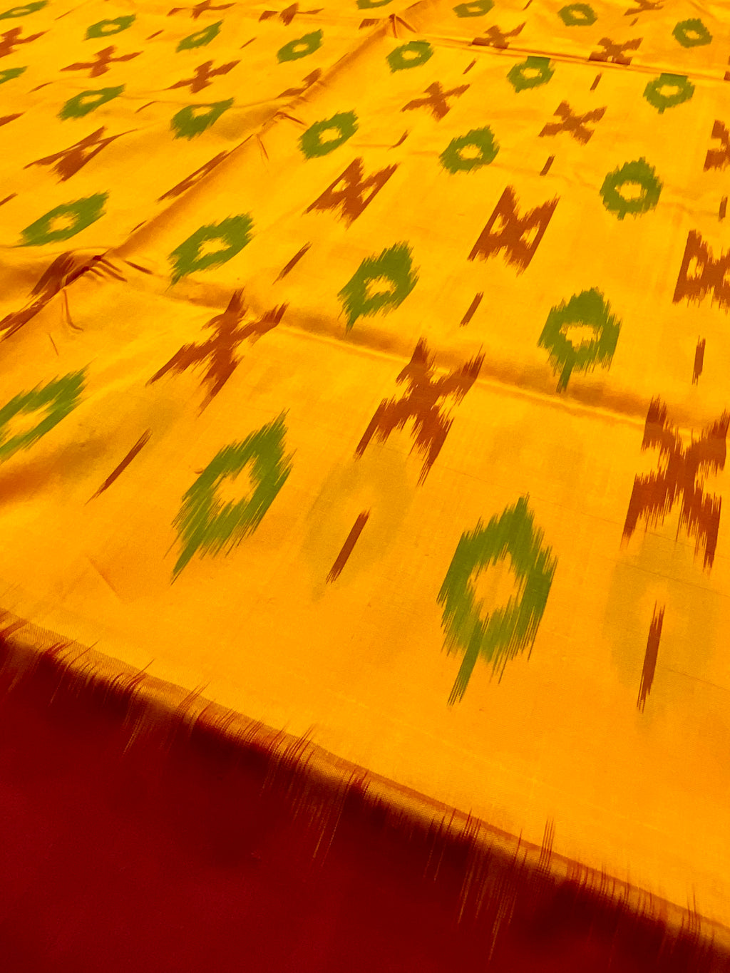 Mustard Pochampally Single Ikat Silk Saree — Red Ikat Pallu & Plain Red Border