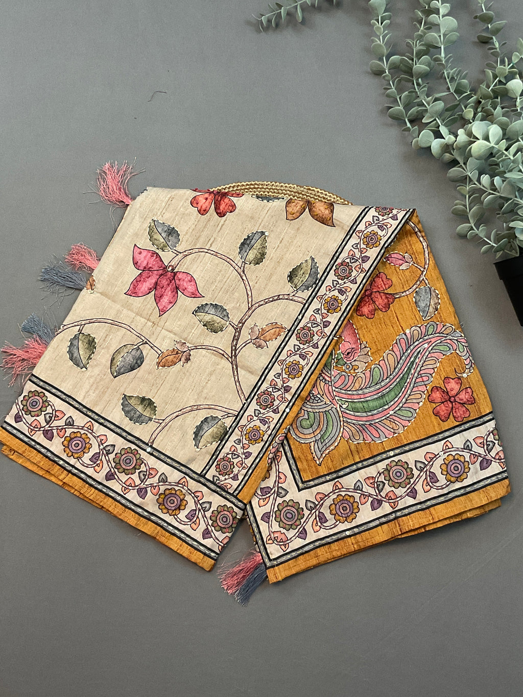 Mustard Handloom Silk Dress Material with Kalamkari Dupatta & Kantha Work – Unstitched 3-Piece Suit