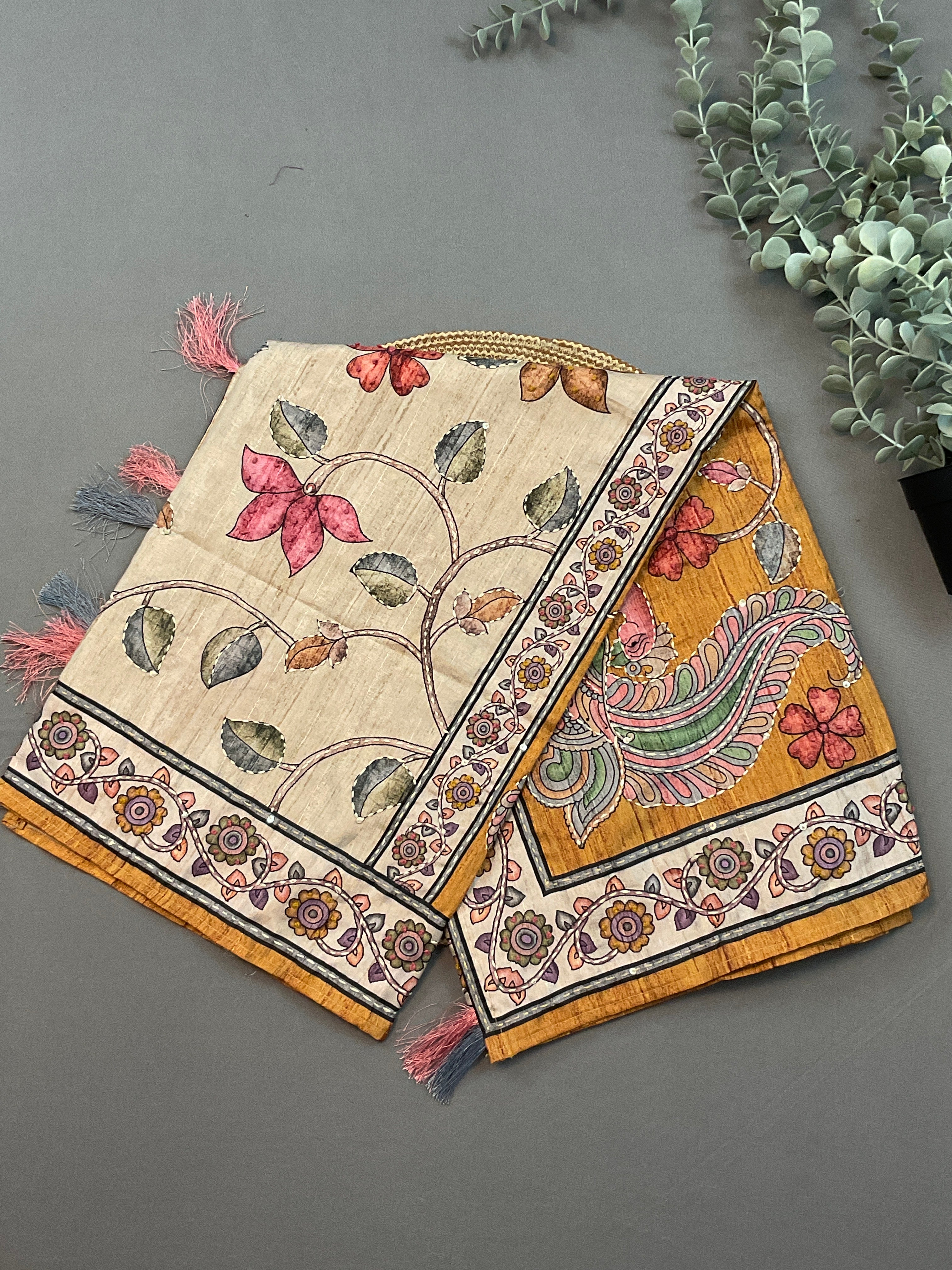 Mustard Handloom Silk Dress Material with Kalamkari Dupatta & Kantha Work – Unstitched 3-Piece Suit