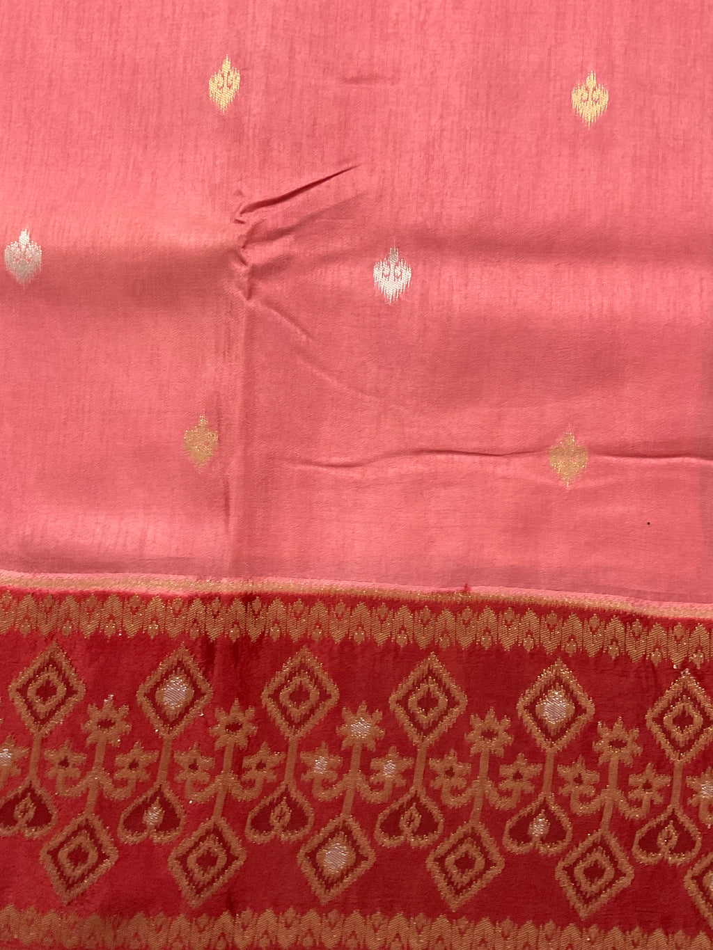 Pink Banarasi Handloom Silk Saree with Ikat Border — Maroon Contrast Pallu & Designer Blouse
