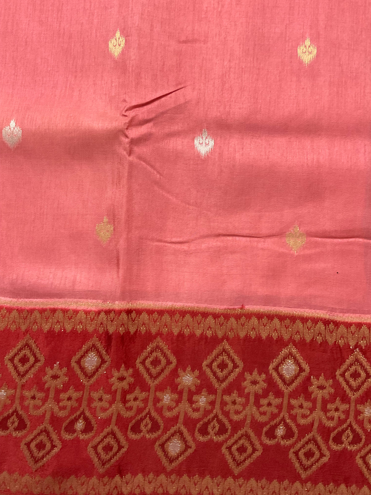 Pink Banarasi Handloom Silk Saree with Ikat Border — Maroon Contrast Pallu & Designer Blouse