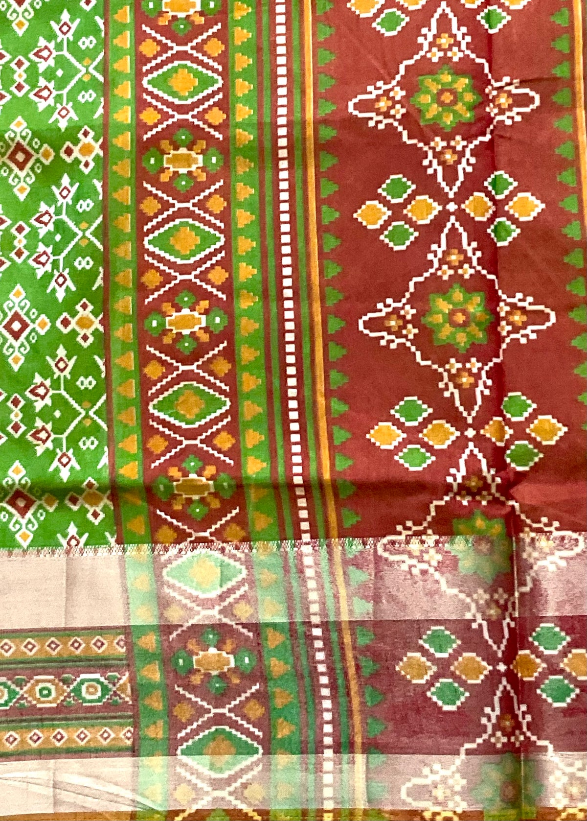 Pochampally Cotton Silk Ikkat Patola Print Saree in Green with Tangy Red Designer Pallu