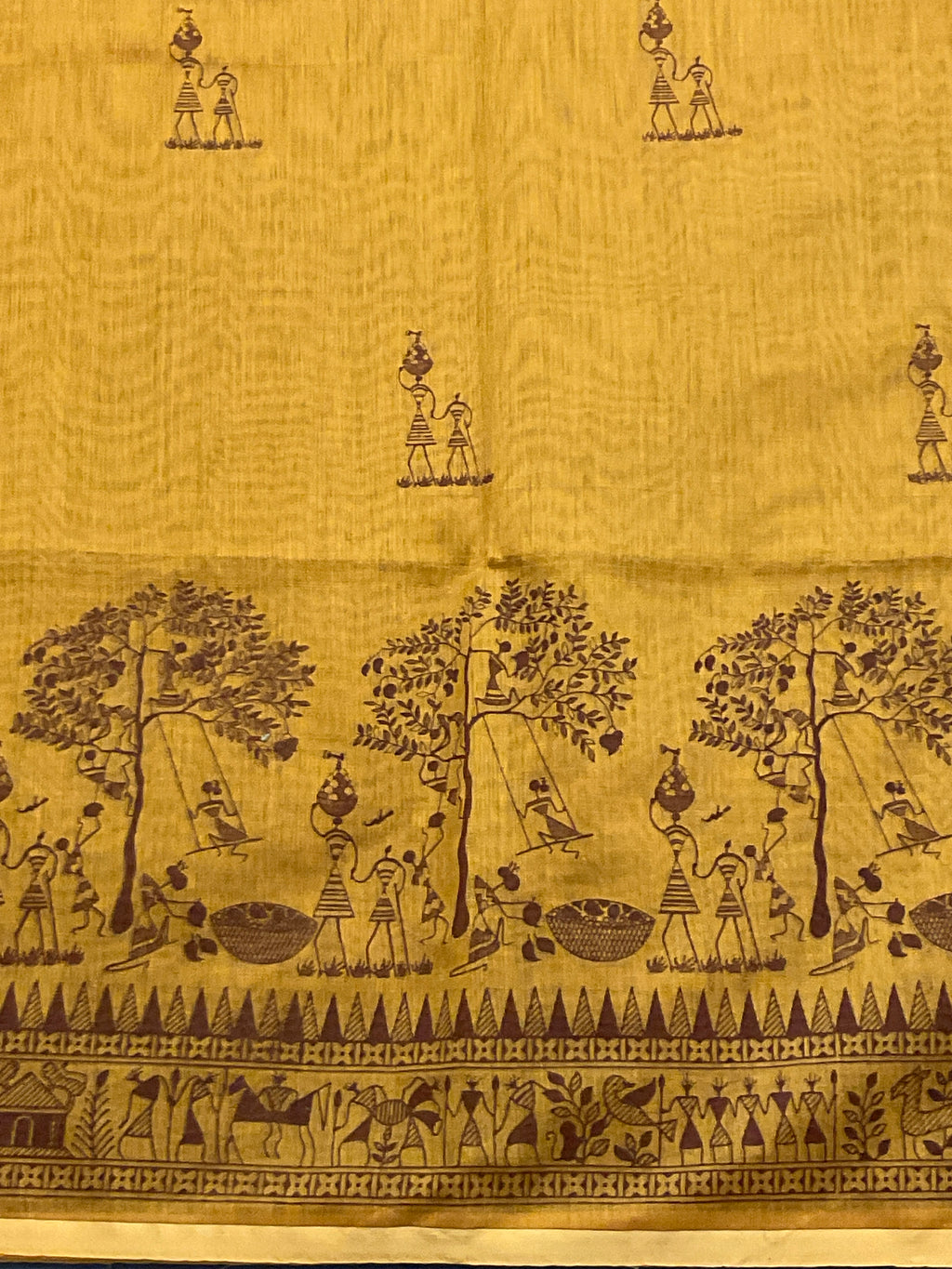 Handloom cotton silk saree in Kalamkari Vareli printing all over with blouse — mustard saree with blue pallu