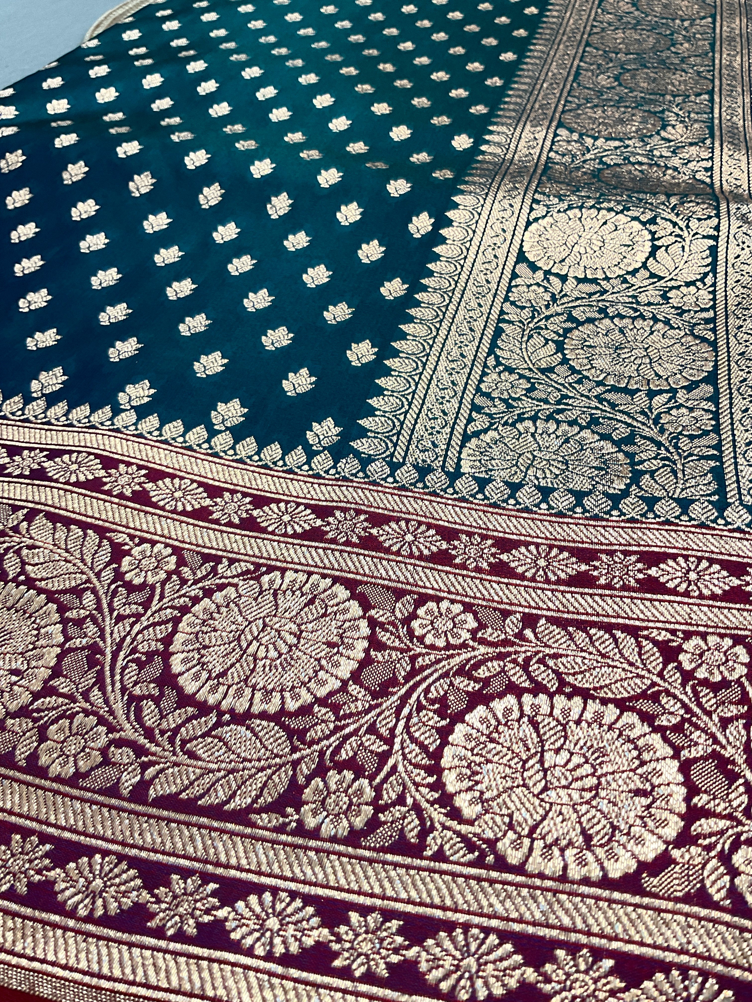 Handloom Banarasi Silk Saree in Blue with Silver Zari Border & Contrast Gold Zari Pallu