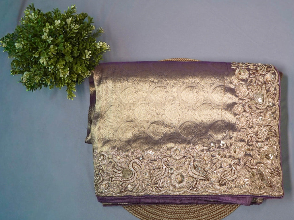 Lavender & Gold Pure Silk Saree – Heavy Embroidery Designer Saree with Blouse