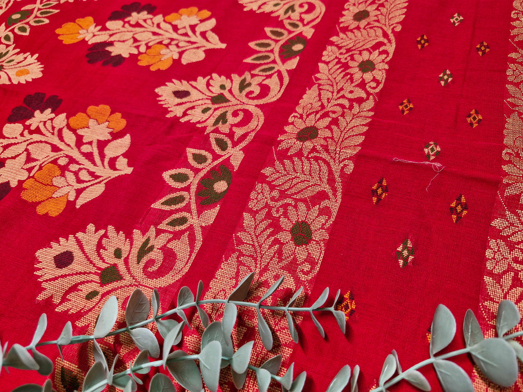Red Pochampally Ikat Cotton Saree with Gold Zari Border