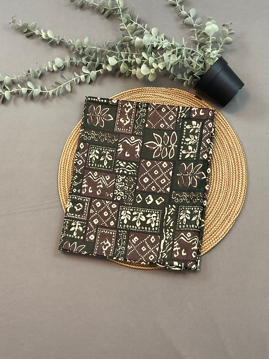 Green & Brown Multicolour Pochampally Pure Cotton Printed Dress Material – Unstitched 3-Piece Suit