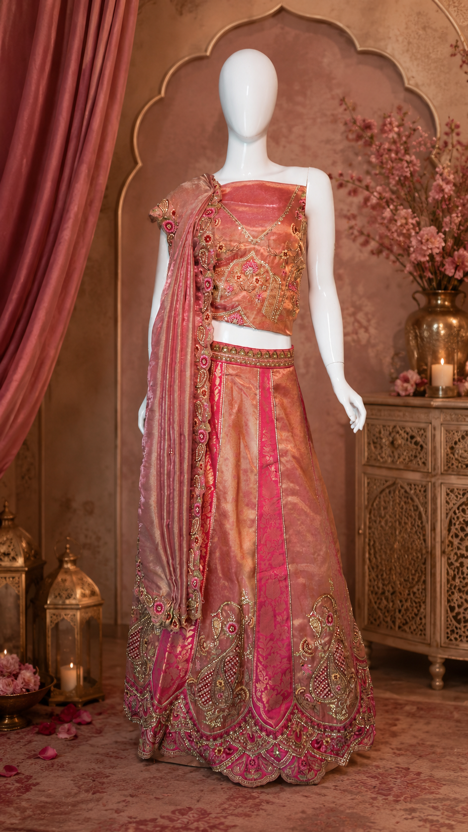 Coral Peach Handloom Tissue Silk Bridal Lehenga with Zari Bird Motif Embroidery