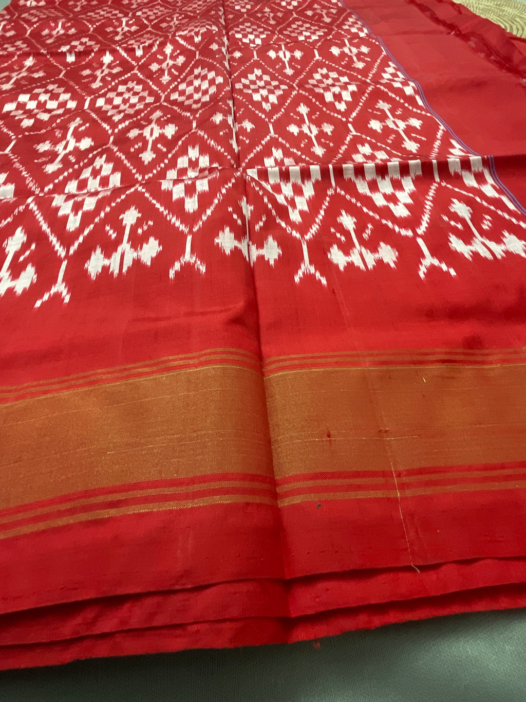 Red Pochampally Double Ikat Silk Saree — Self Red Patola Border & Pallu