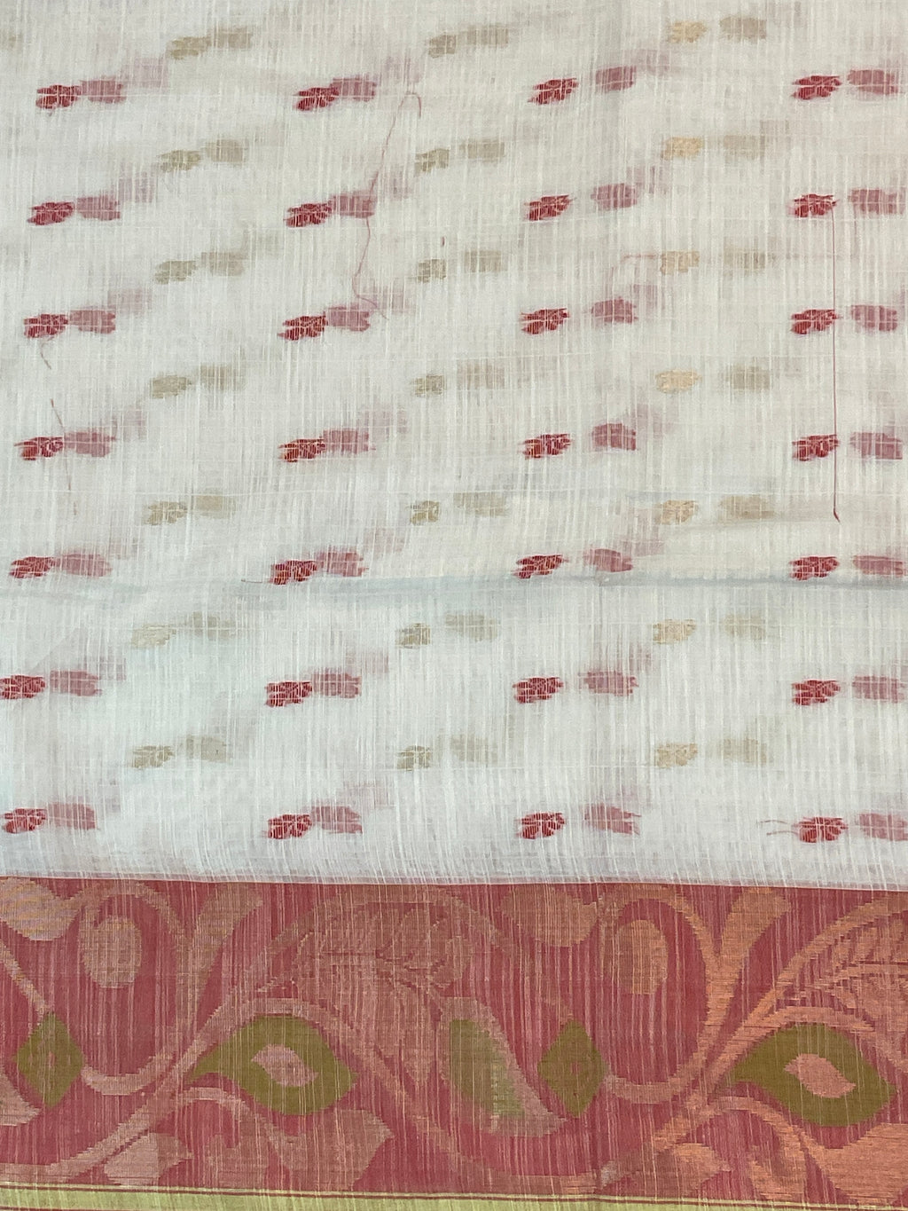 Ivory & Red Pochampally Kota Cotton Saree with Zari Buttas