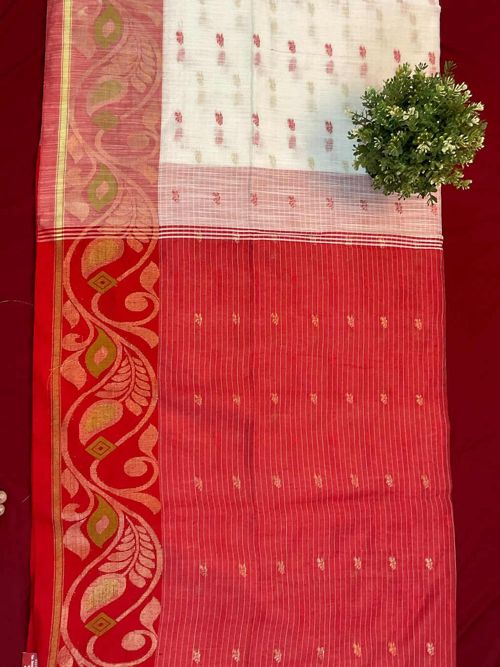 Ivory & Red Pochampally Kota Cotton Saree with Zari Buttas