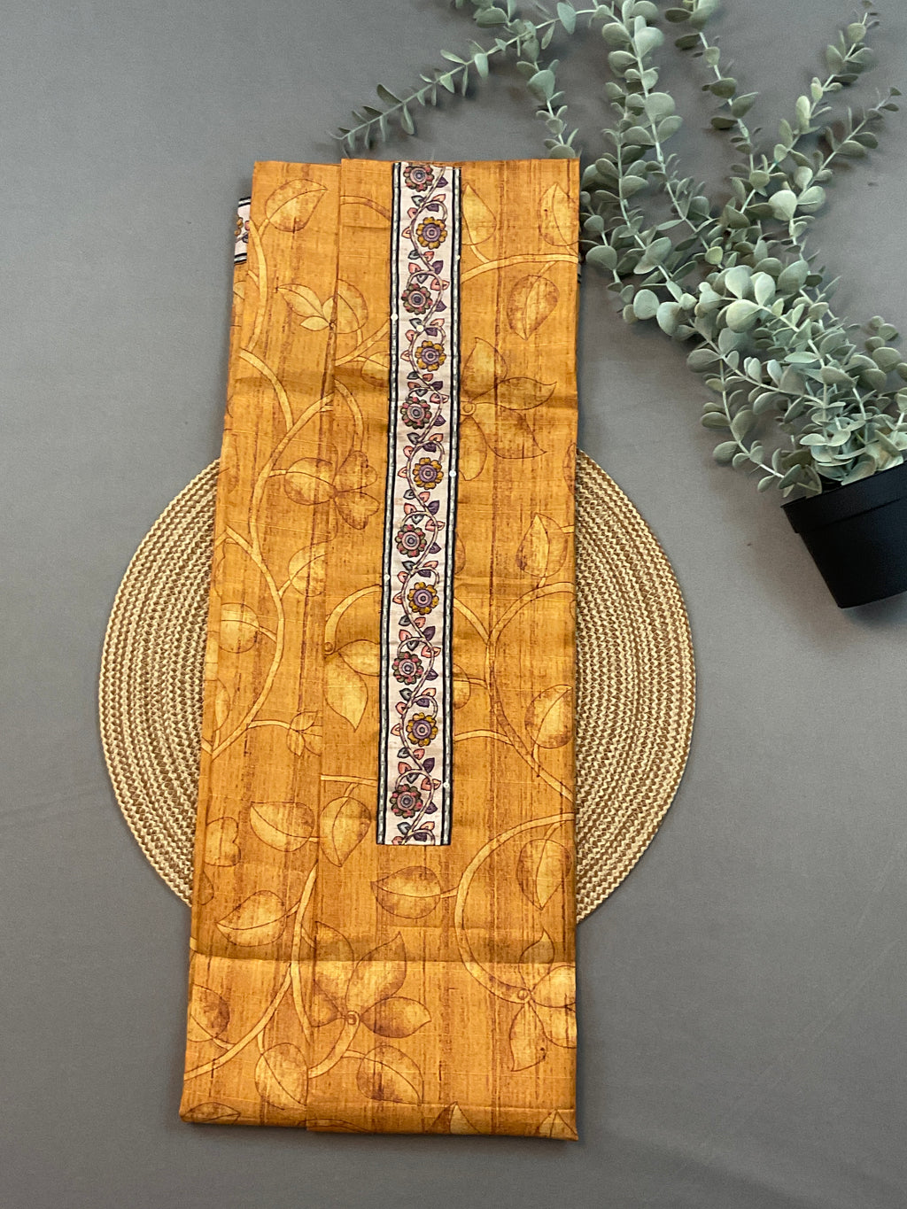 Mustard Handloom Silk Dress Material with Kalamkari Dupatta & Kantha Work – Unstitched 3-Piece Suit