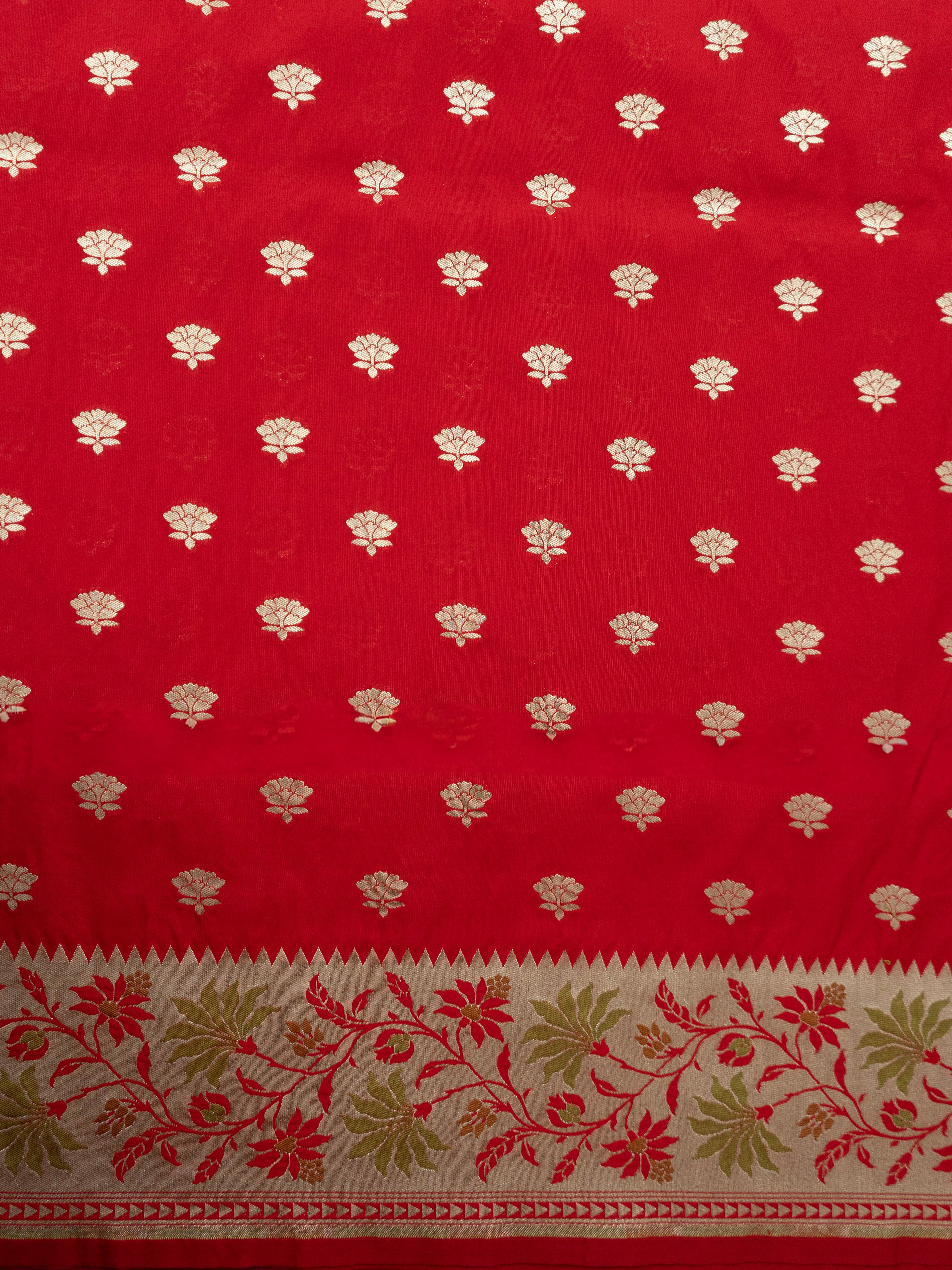 Pure Banarasi Katan Silk Saree in Deep Red with Floral Zari & Rich Zari Pallu
