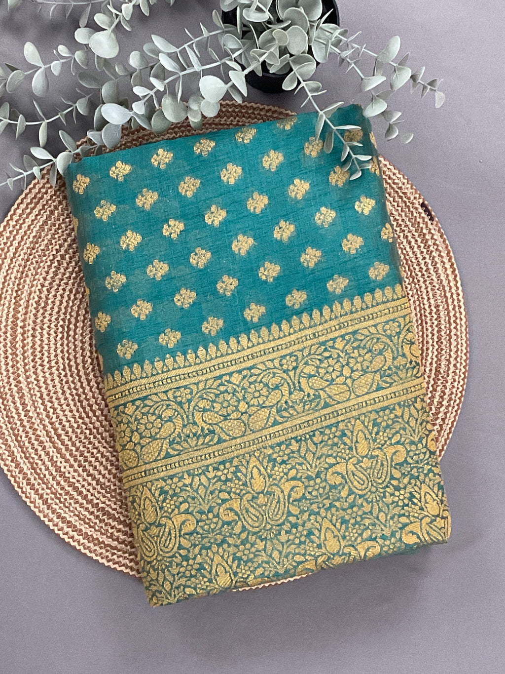 Sea green handloom cotton silk saree with zari butti