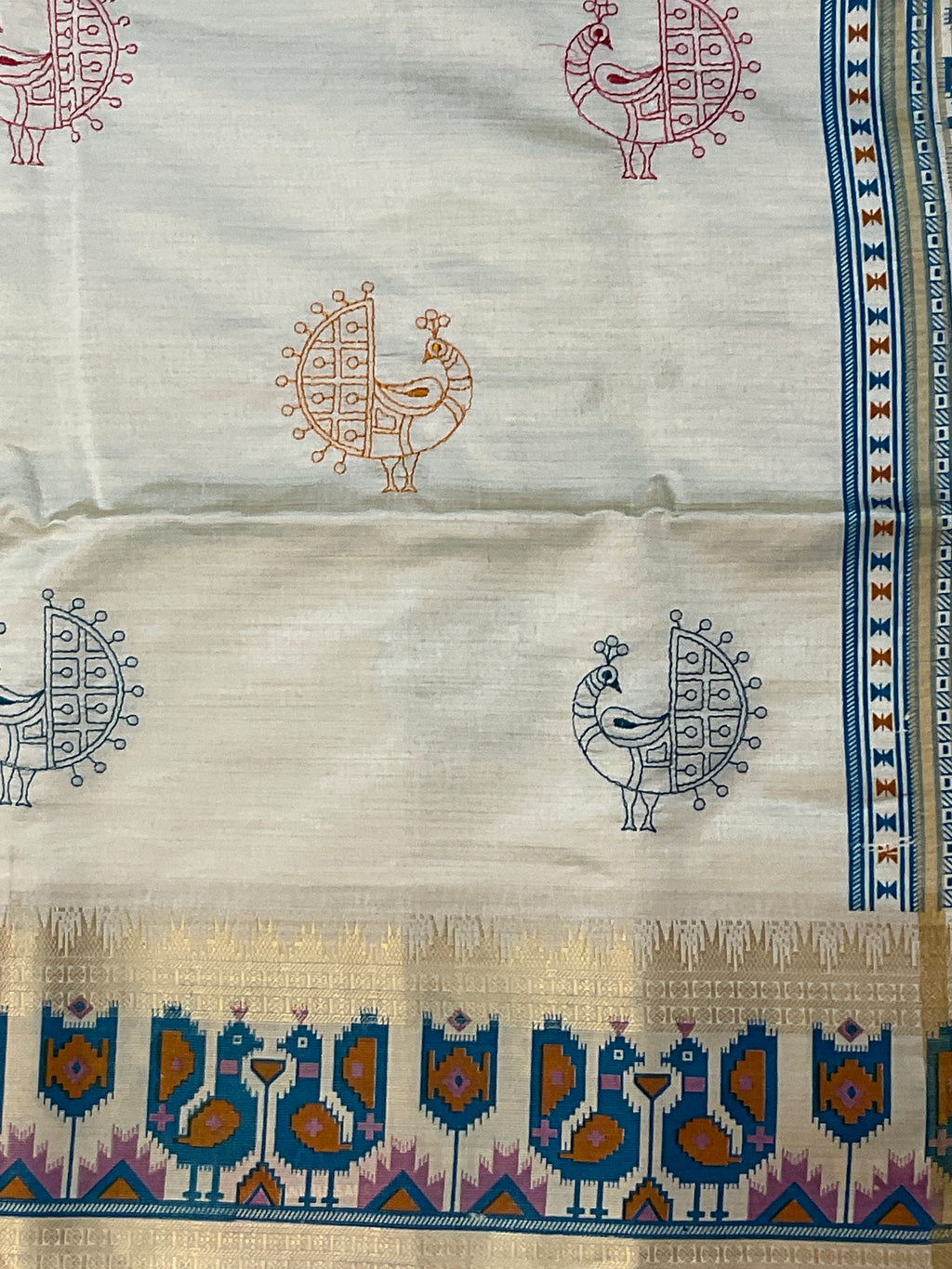 Hand embroidery, off white Pochampalli silk sari with threadwork , butti, and blue work pochampally Pallu with the designer blouse