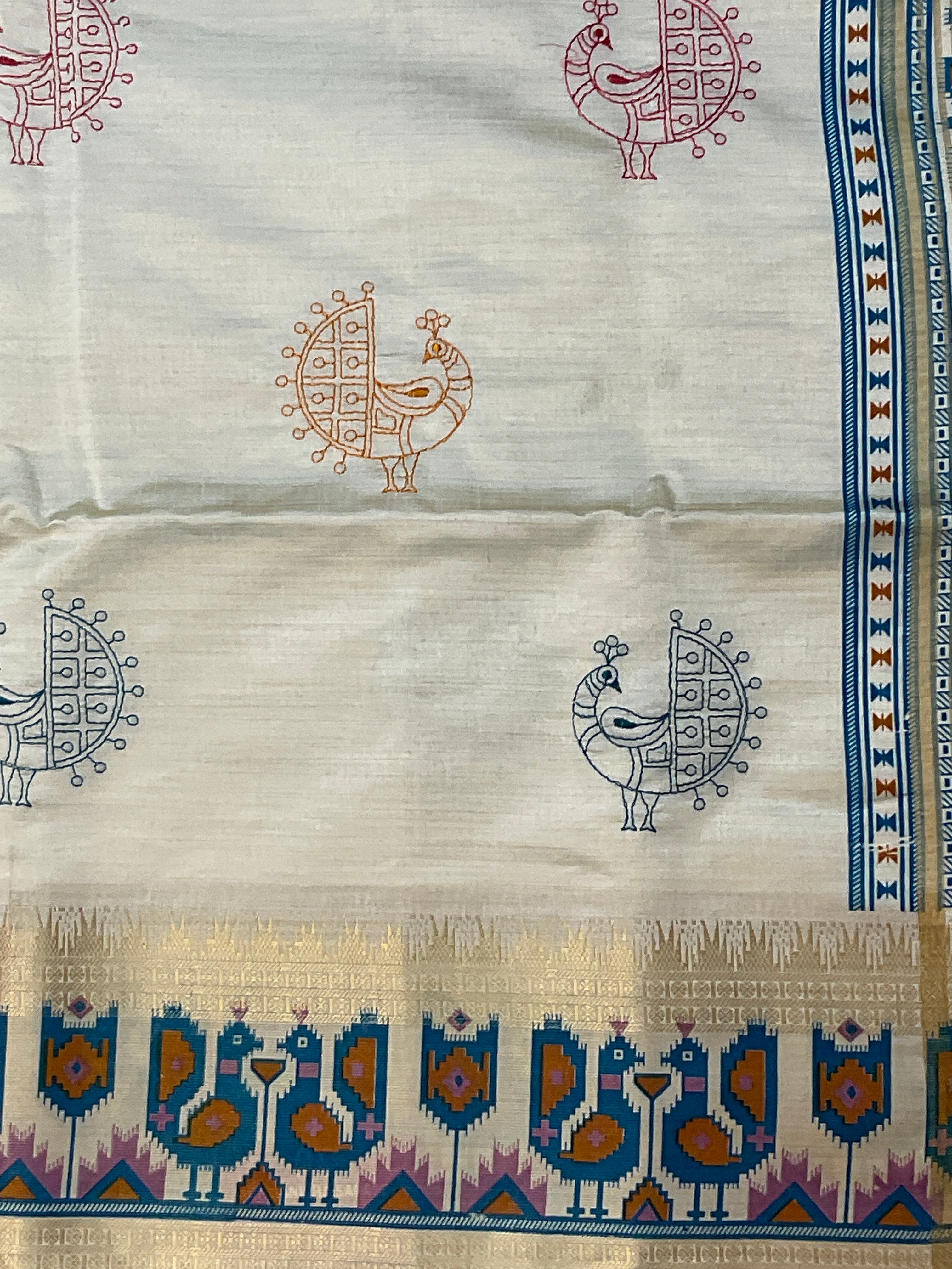 Hand embroidery, off white Pochampalli silk sari with threadwork , butti, and blue work pochampally Pallu with the designer blouse