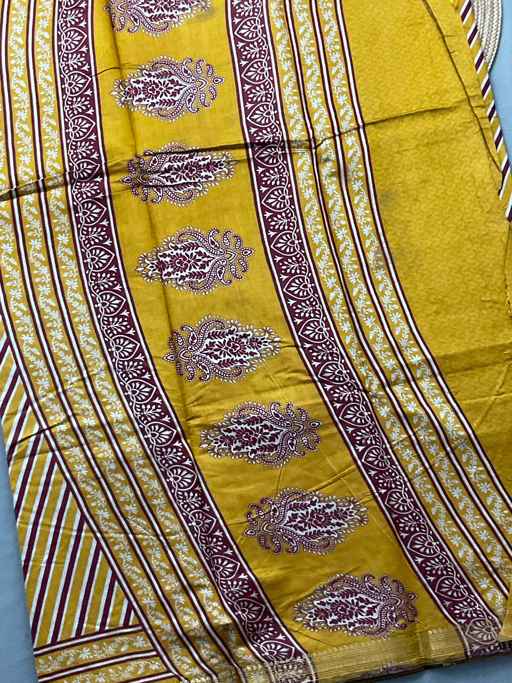 Kalamkari Leheriya Printed Soft Silk Saree in Mustard with Designer Pallu and Gold Border