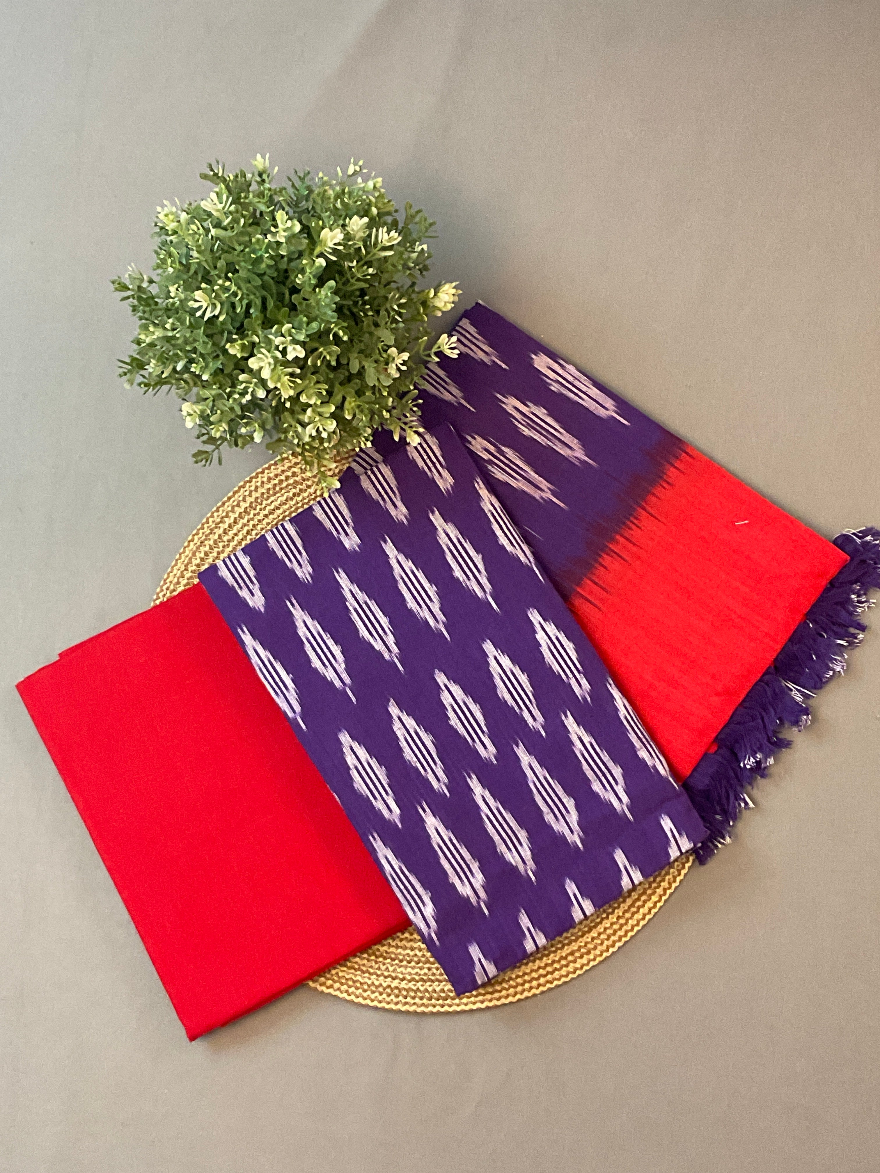 Purple & Red Pochampally Ikat Cotton Unstitched Dress Material – 3-Piece Suit