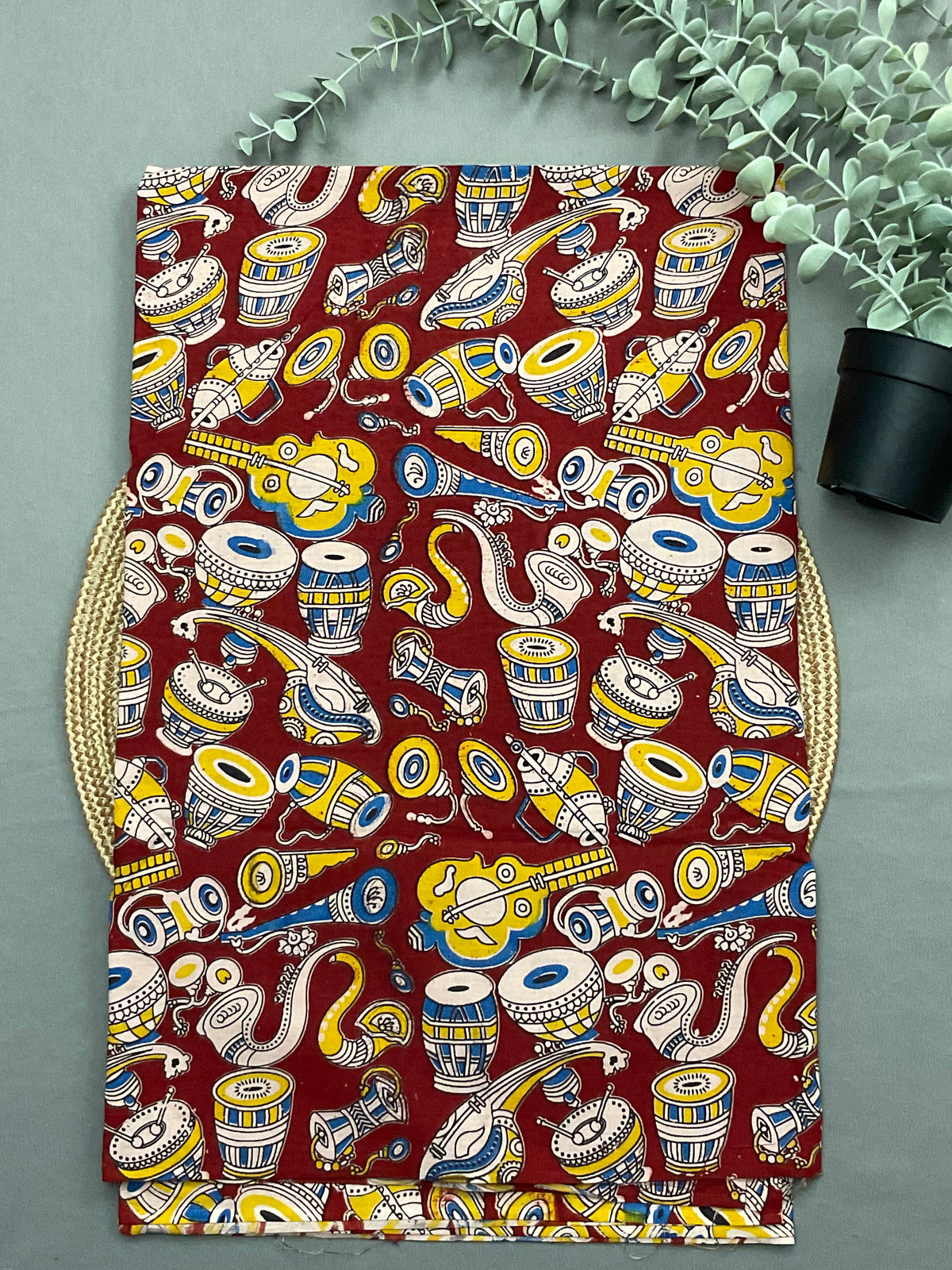 Red Kalamkari printed bottom fabric for blue ikkat suit set