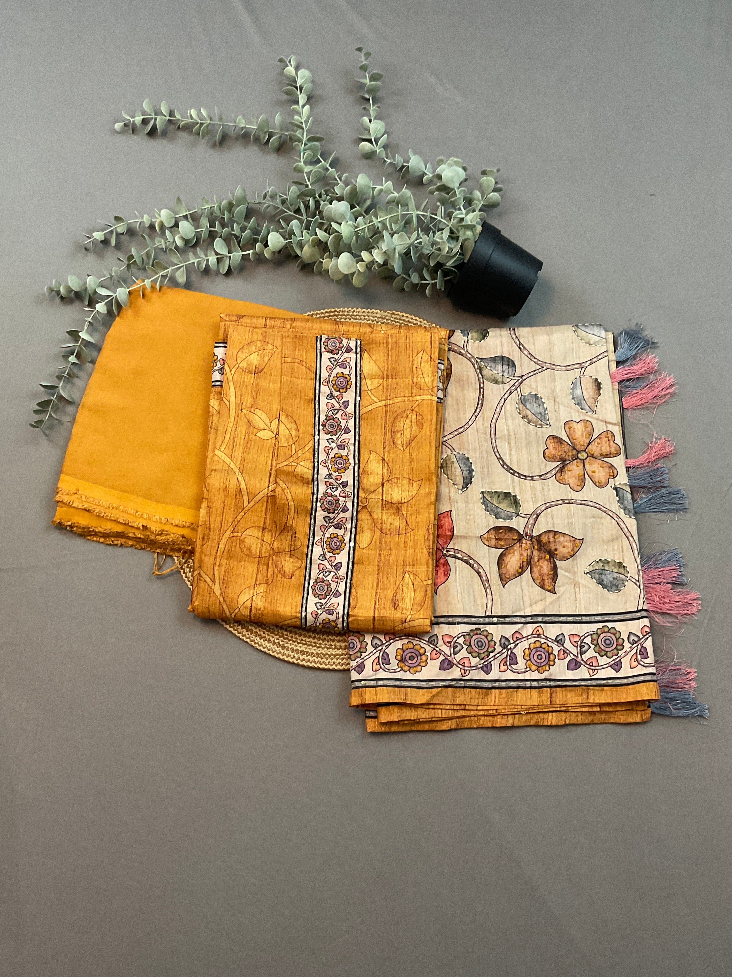 Mustard Handloom Silk Dress Material with Kalamkari Dupatta & Kantha Work – Unstitched 3-Piece Suit