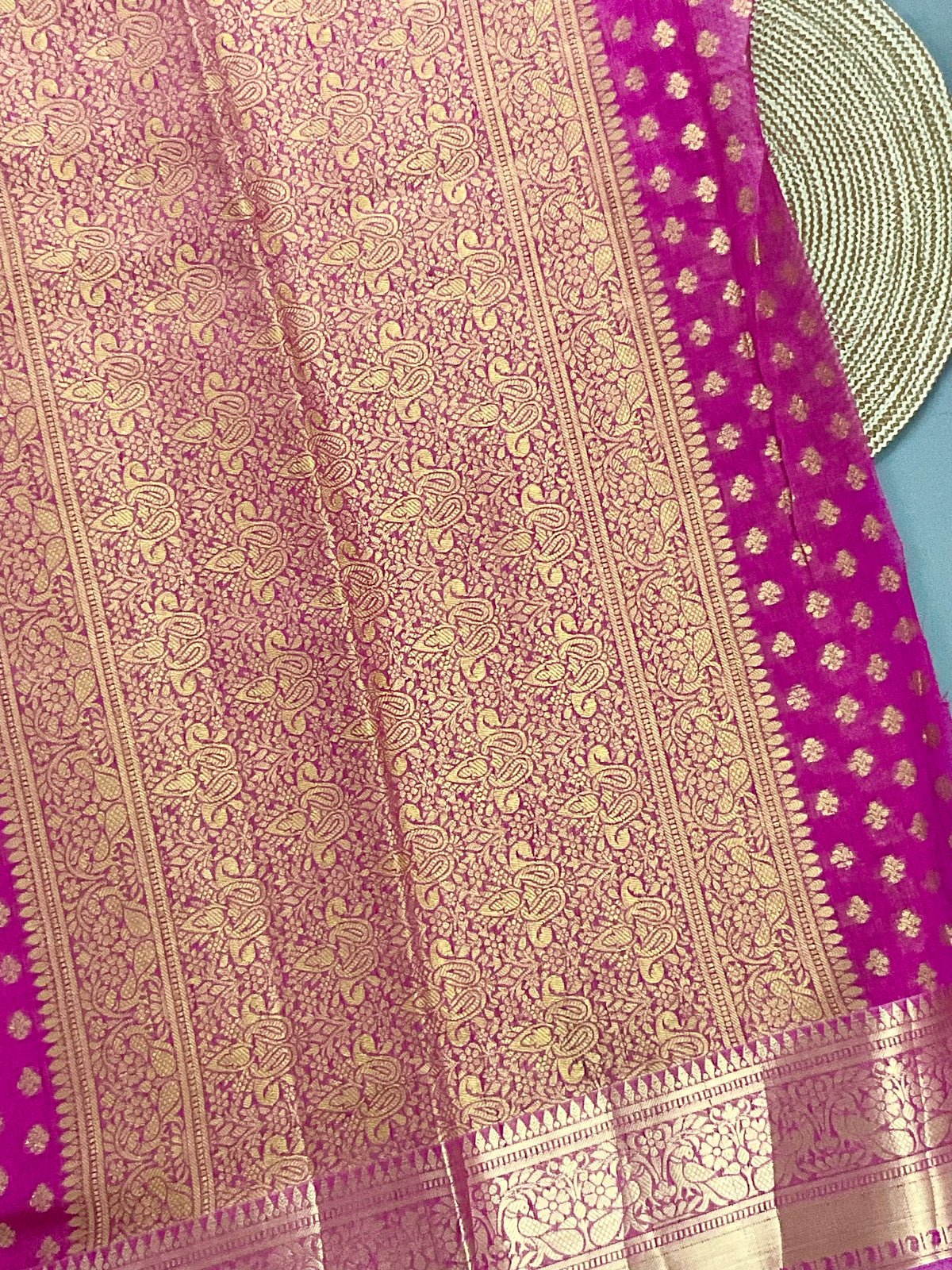 Pink handloom cotton silk saree with zari butti
