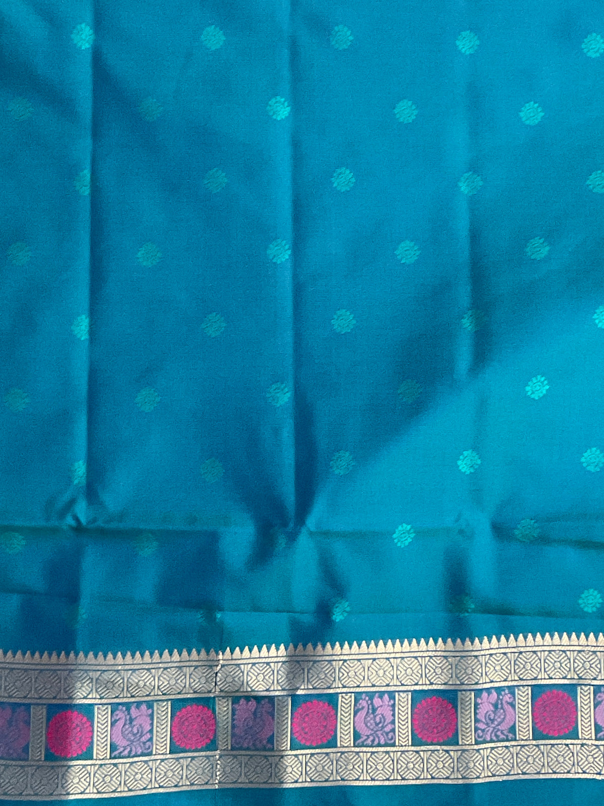 Vibrant Purple Jamdani Silk Saree with Temple Border and Blue-Green Pallu