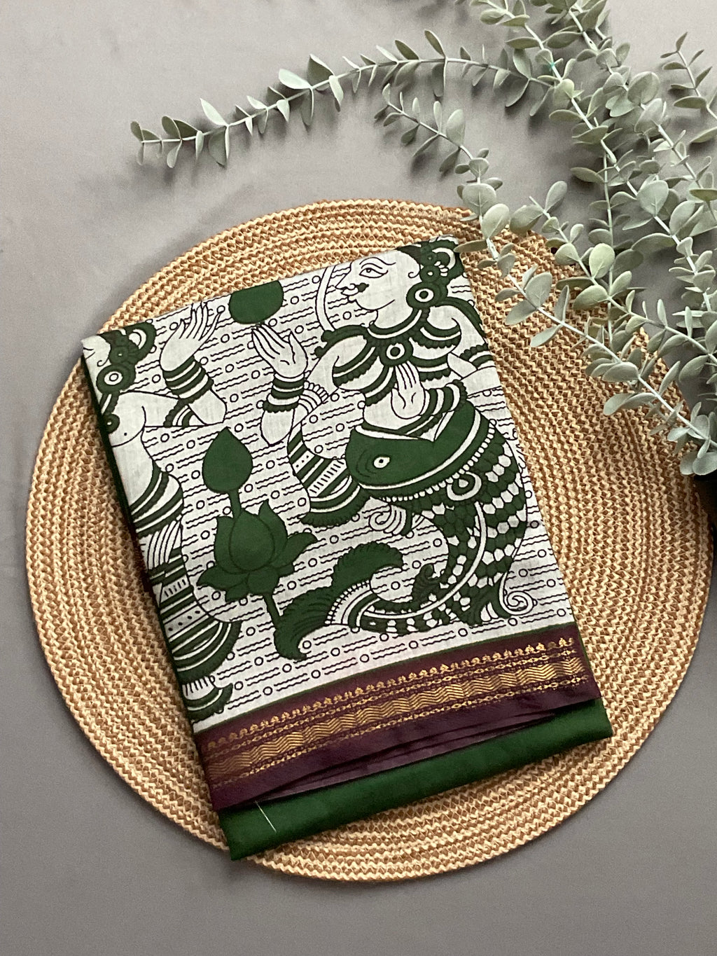 Pedana Kalamkari Hand-Block Soft Silk Saree in Deep Green with Maroon Designer Pallu & Gold Border