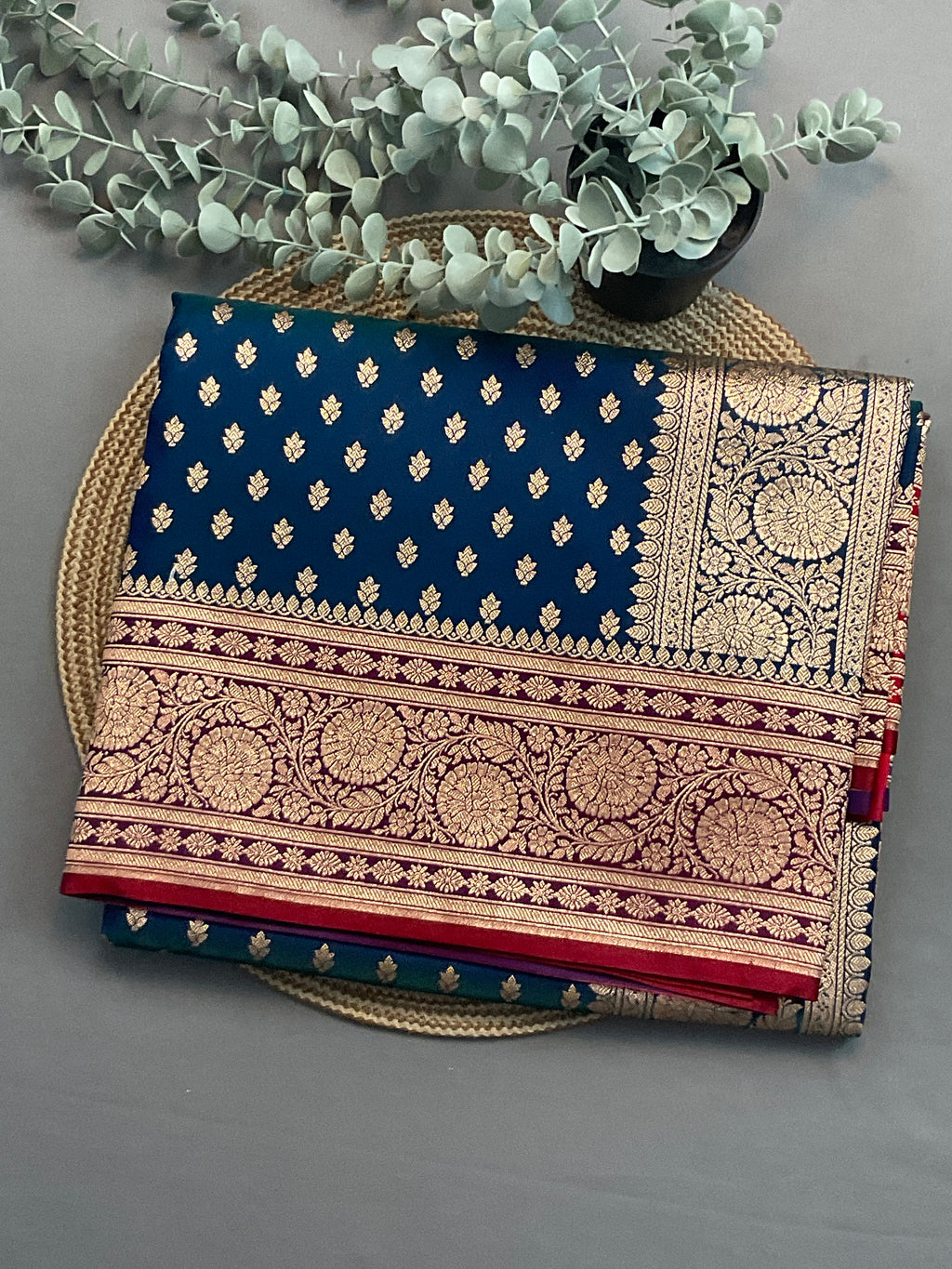 Handloom Banarasi Silk Saree in Blue with Silver Zari Border & Contrast Gold Zari Pallu