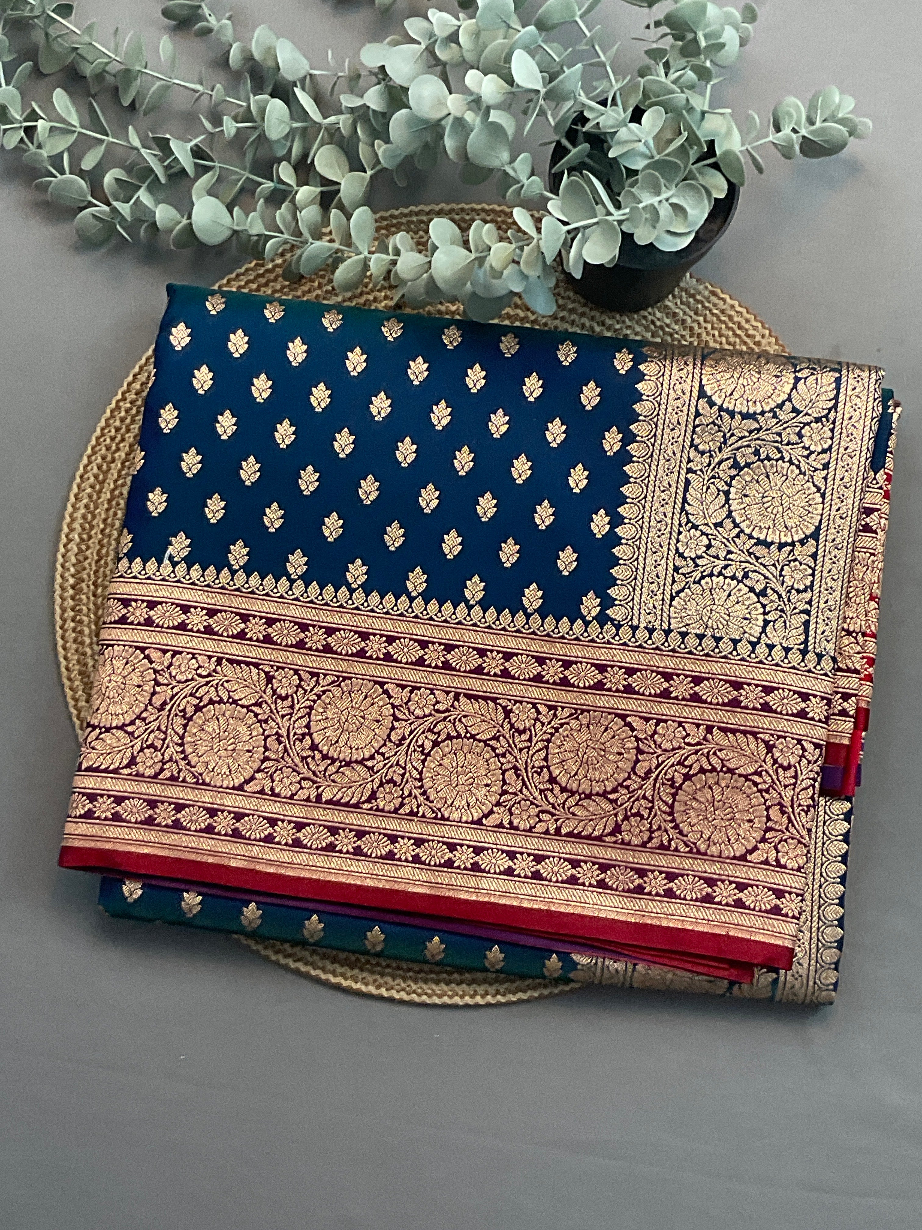Handloom Banarasi Silk Saree in Blue with Silver Zari Border & Contrast Gold Zari Pallu