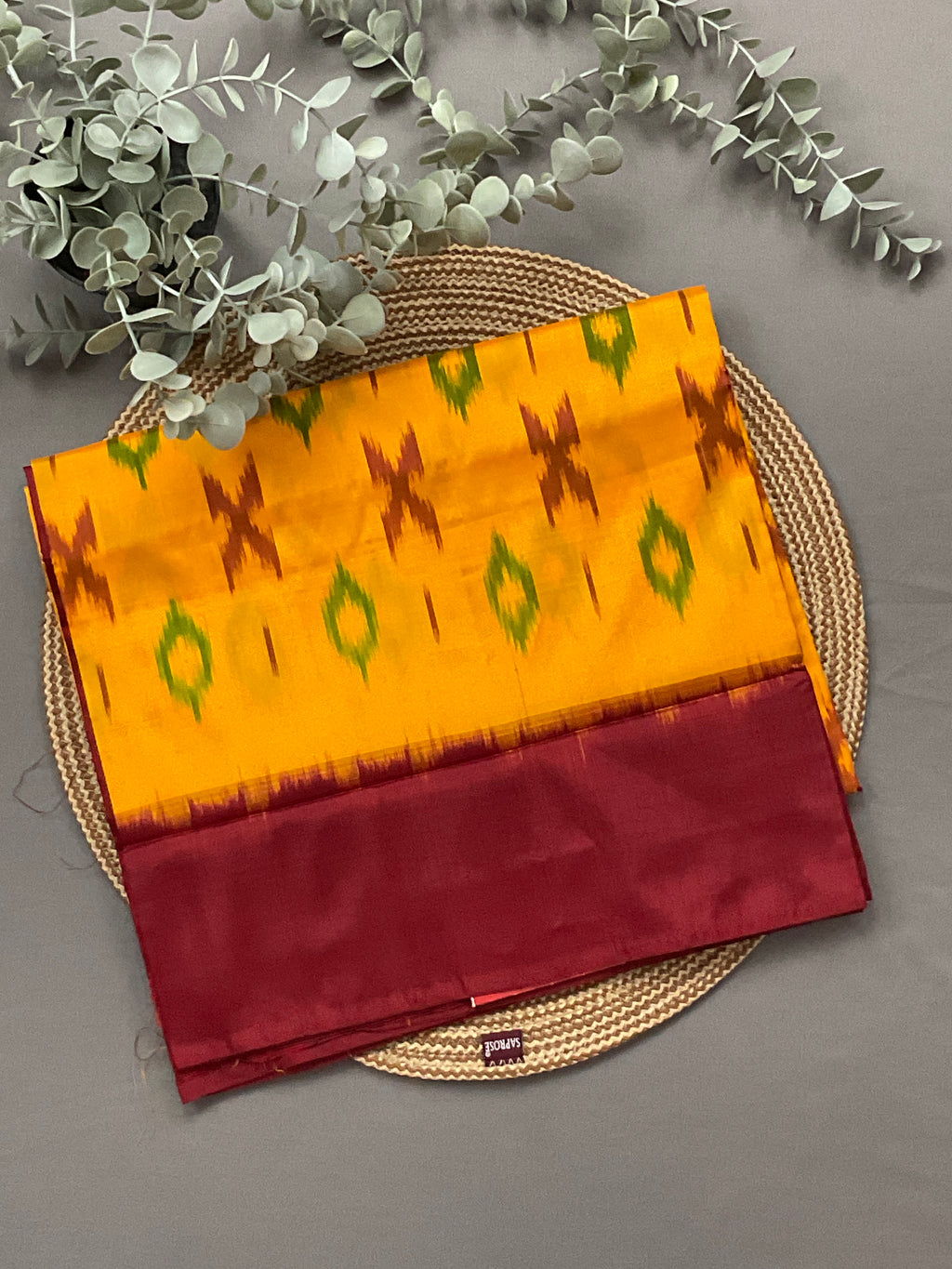 Mustard Pochampally Single Ikat Silk Saree — Red Ikat Pallu & Plain Red Border