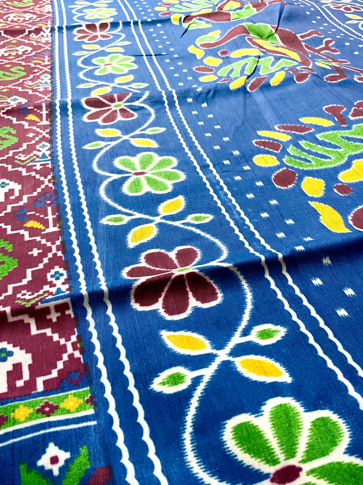 Pochampally Cotton Silk Ikkat Patola Print Saree in Maroon with Designer Blue Pallu