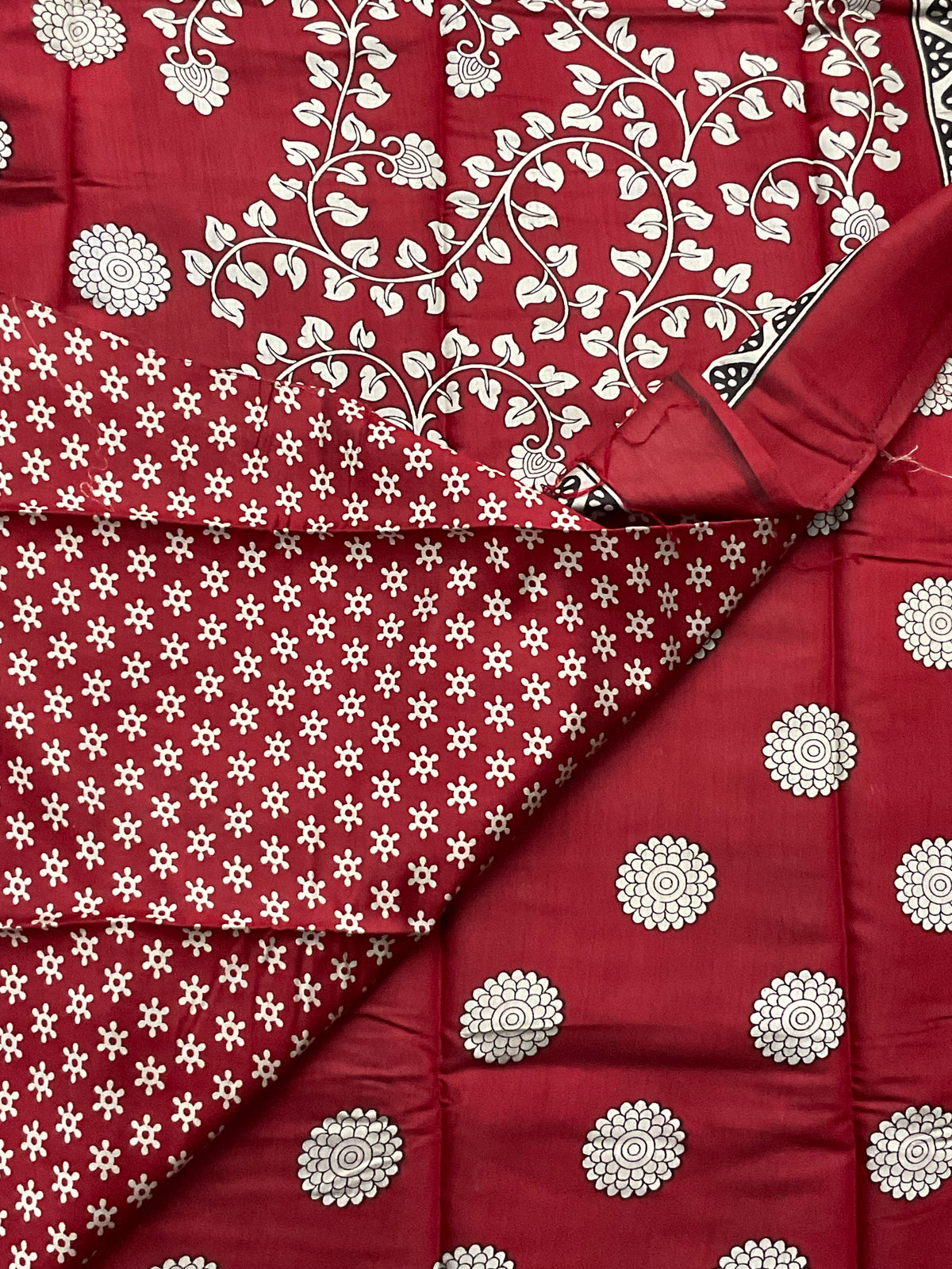 Kalamkari Printed Soft Silk Saree in Red with Designer Pallu and Gold Border