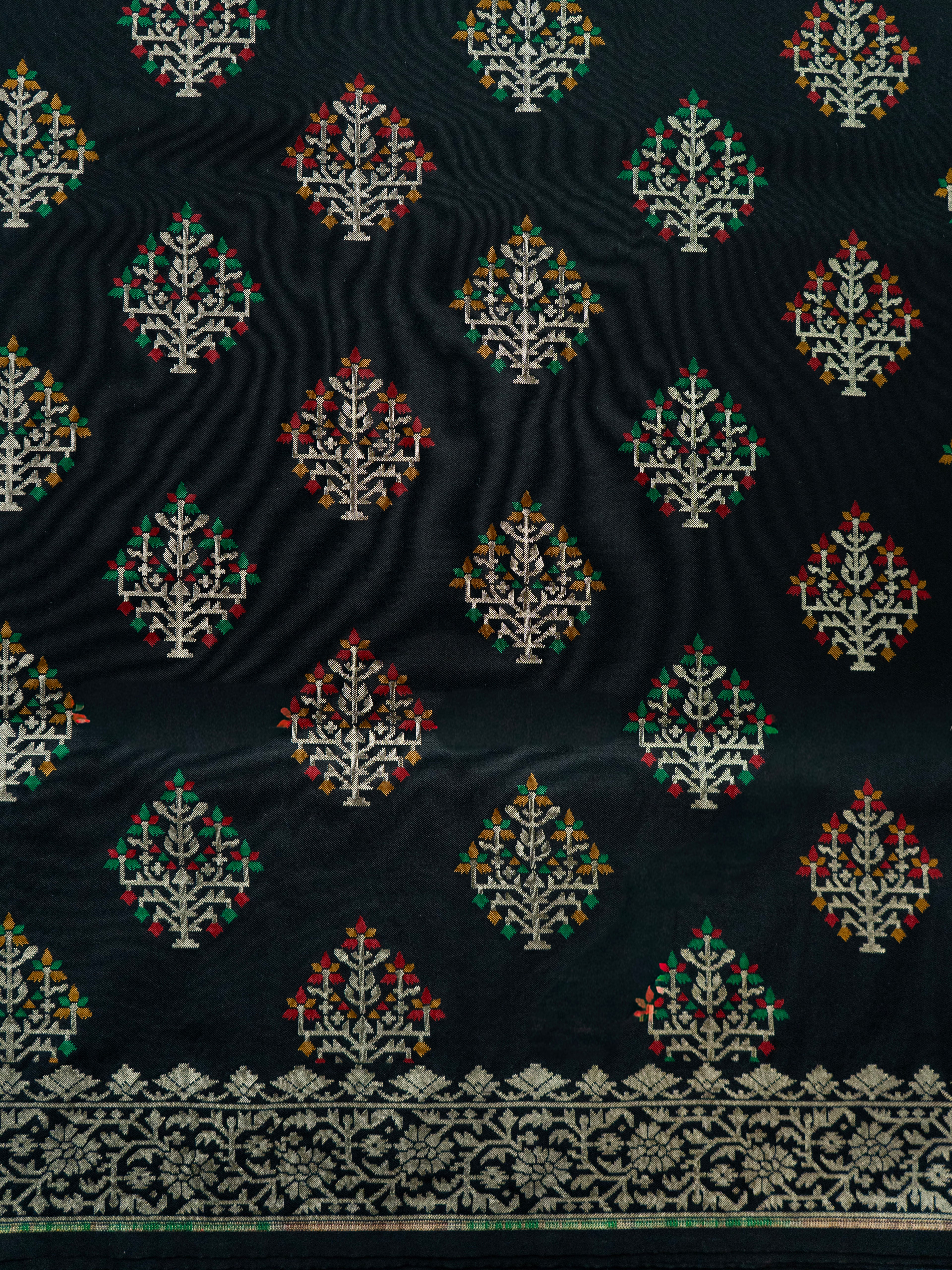 Pure Banarasi Katan Silk Saree in Bold Black with Multicolor Floral Zari & Rich Zari Pallu