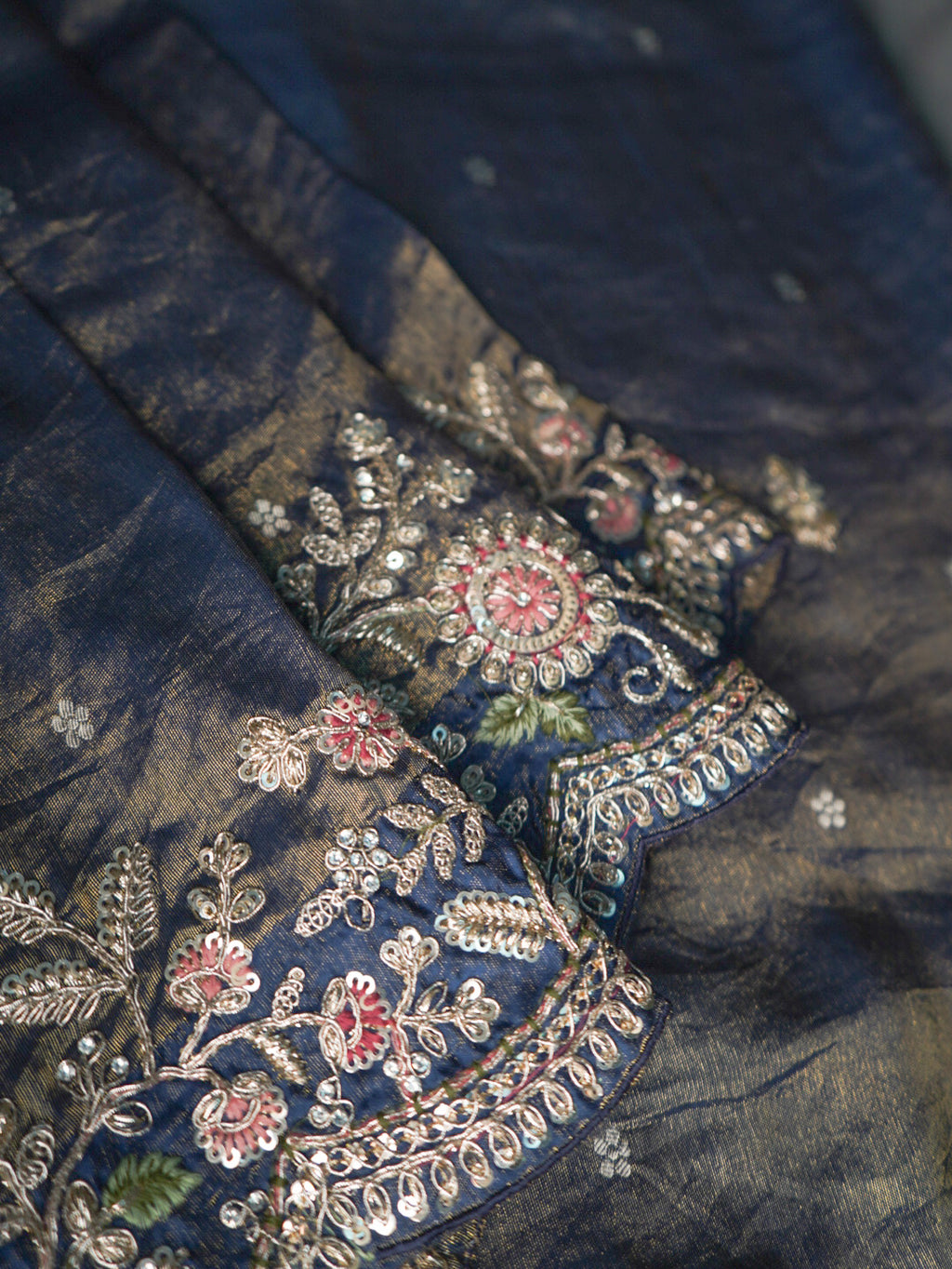 Royal Blue Pure Tissue Silk Saree – Heavy Floral Embroidery Designer Saree