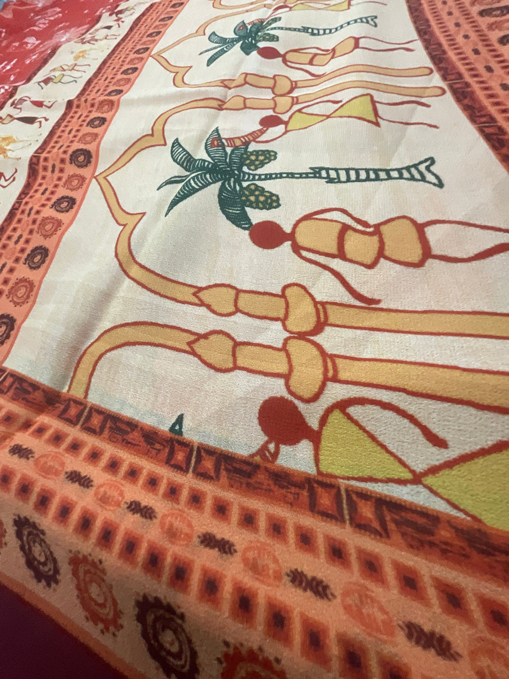 Kalamkari Vareli Printed Flowing Georgette Saree with Printed Border, Designer Pallu & Blouse – Orange