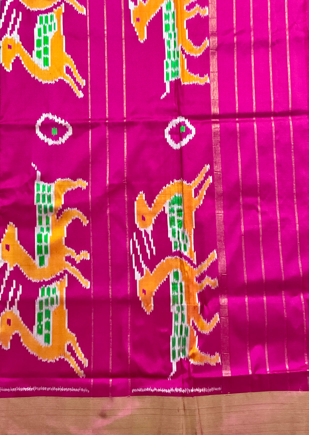 Pure Pochampally Double Ikat Silk Saree in White with Contrast Pink Zari Pallu & Blouse