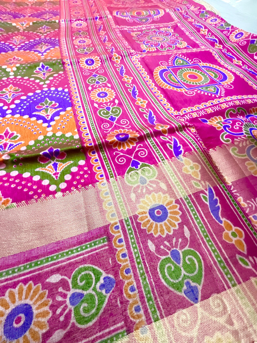 Handprinted Pochampally Patola Cotton Silk Saree in Multicolour with Pink Patola Pallu