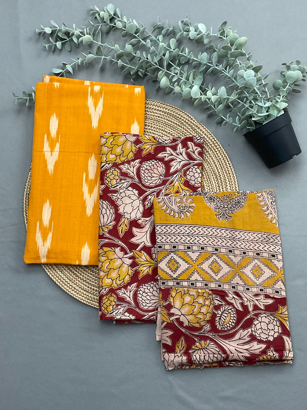 Mustard Pochampally ikkat cotton dress material with red Kalamkari dupatta and bottom - full 3 piece set