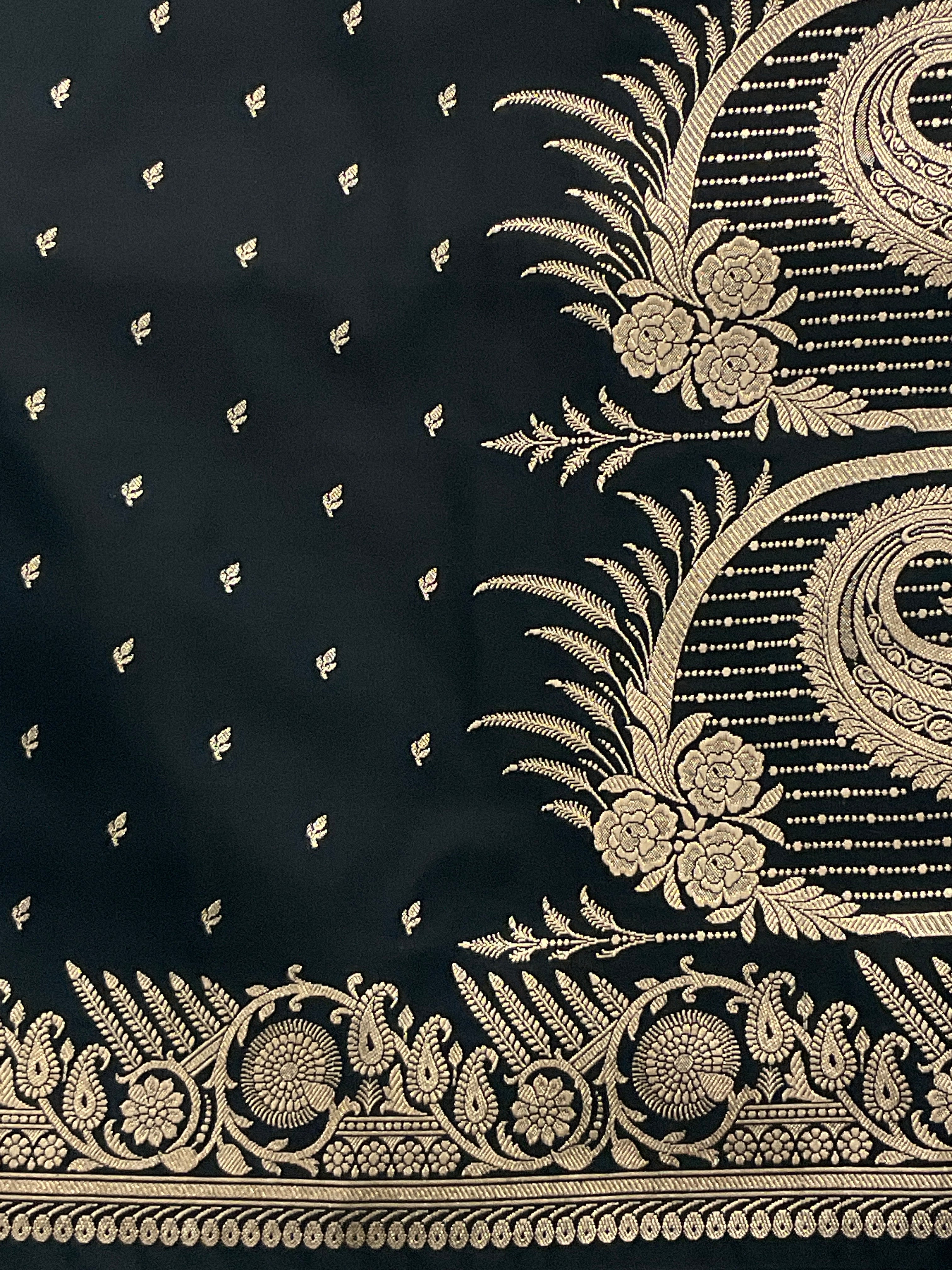 Handloom Banarasi Silk Saree in Black with Gold Zari Border & Designer Zari Pallu
