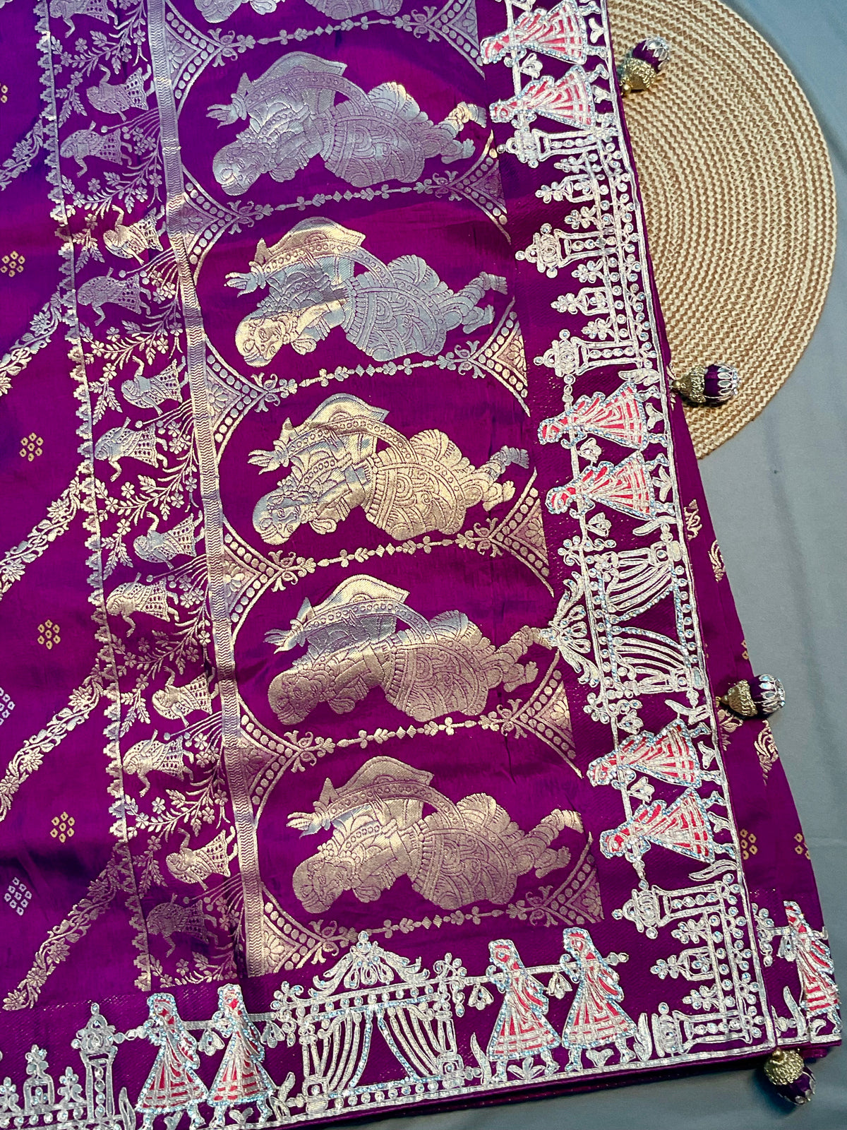 Deep Purple Pure Handloom Silk Saree – Bandhej Weave, Rajwada Pallu & Heavy Embroidered Border