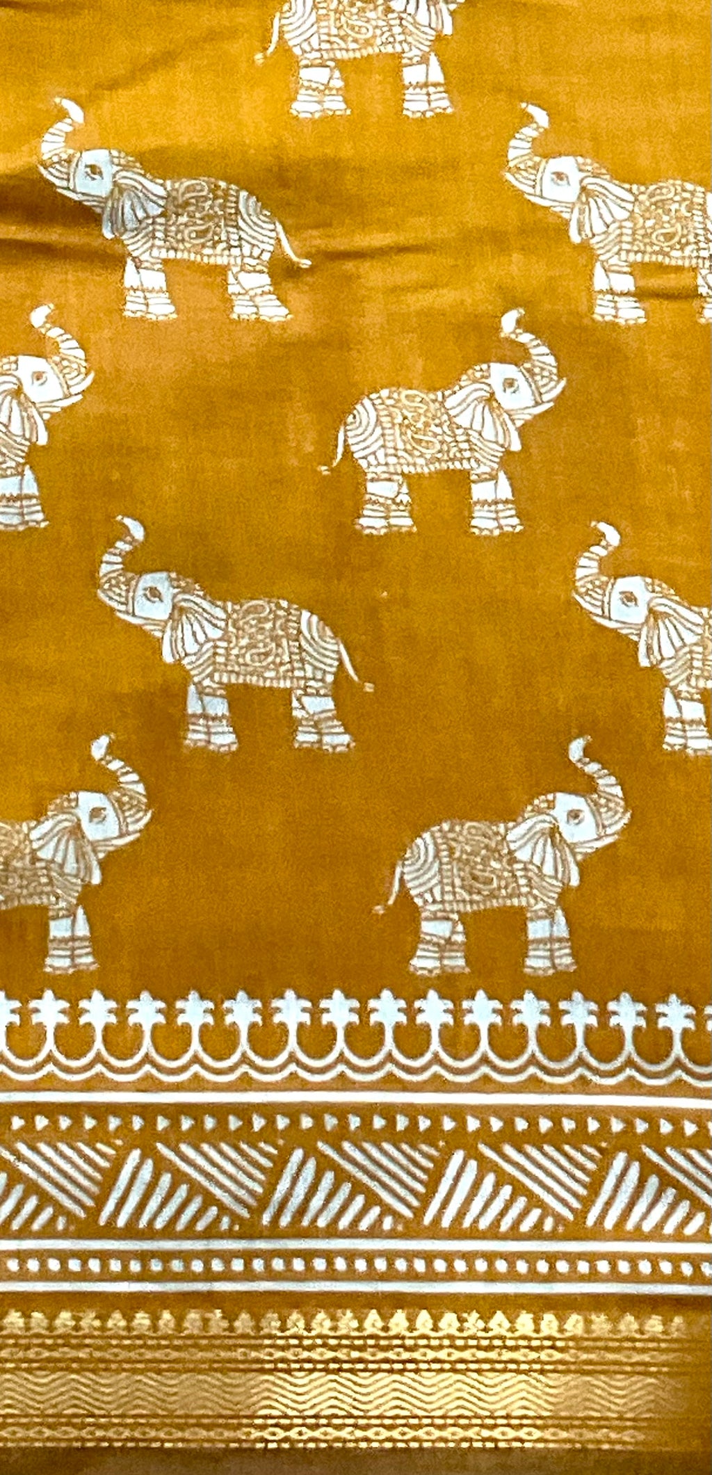 Rajwada Style Handprinted Elephant Soft Silk Saree in Mustard with Designer Pallu