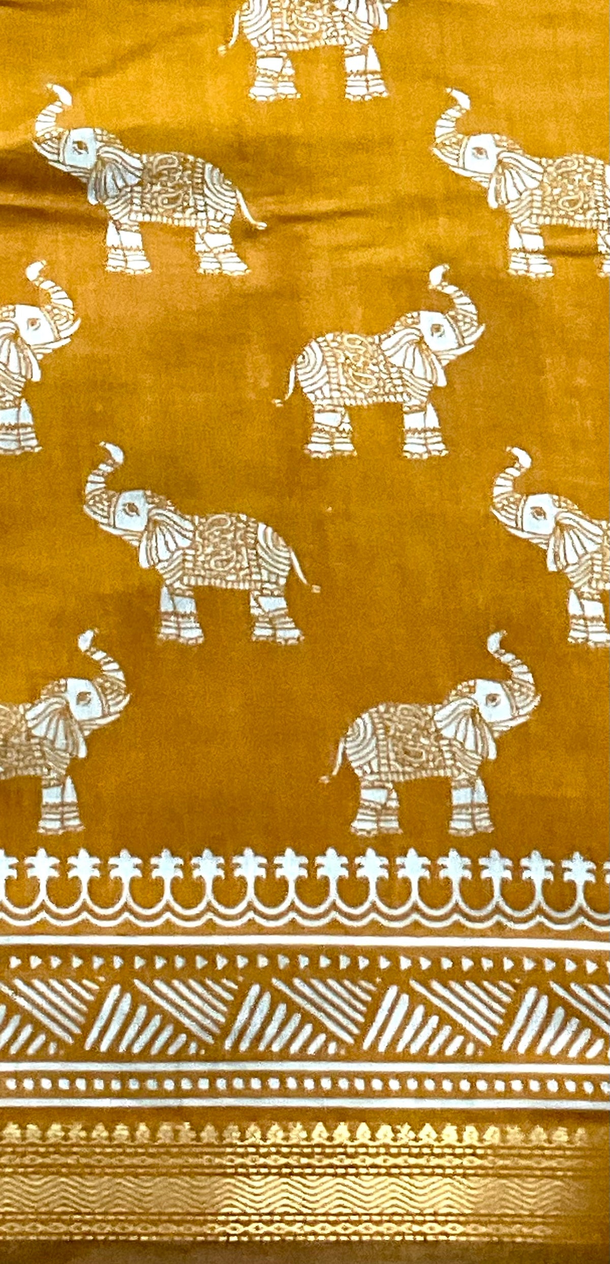Rajwada Style Handprinted Elephant Soft Silk Saree in Mustard with Designer Pallu