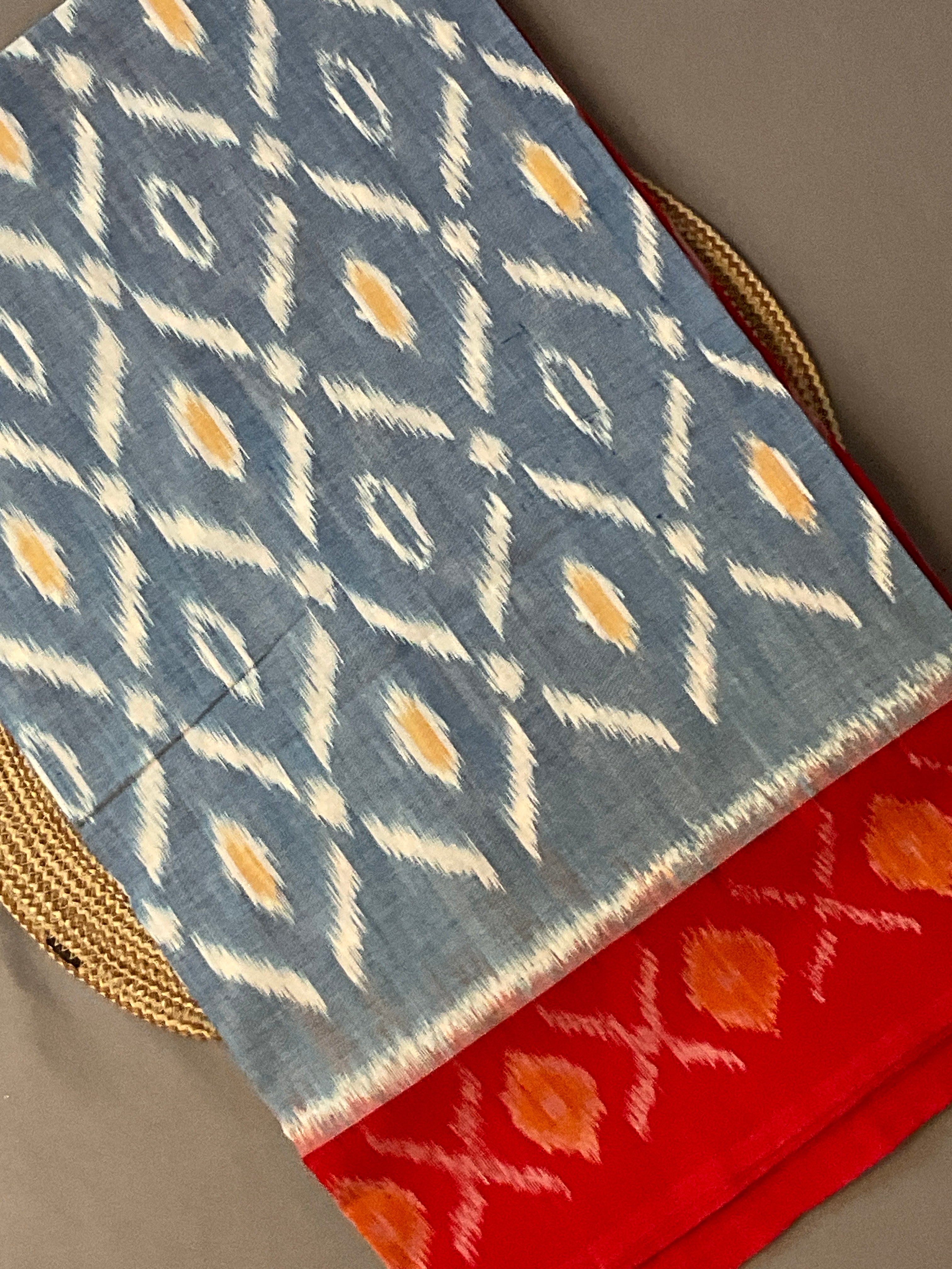 Light Blue & Red Pochampally Ikat Handloom Cotton Saree with Contrast Pallu – Without Blouse