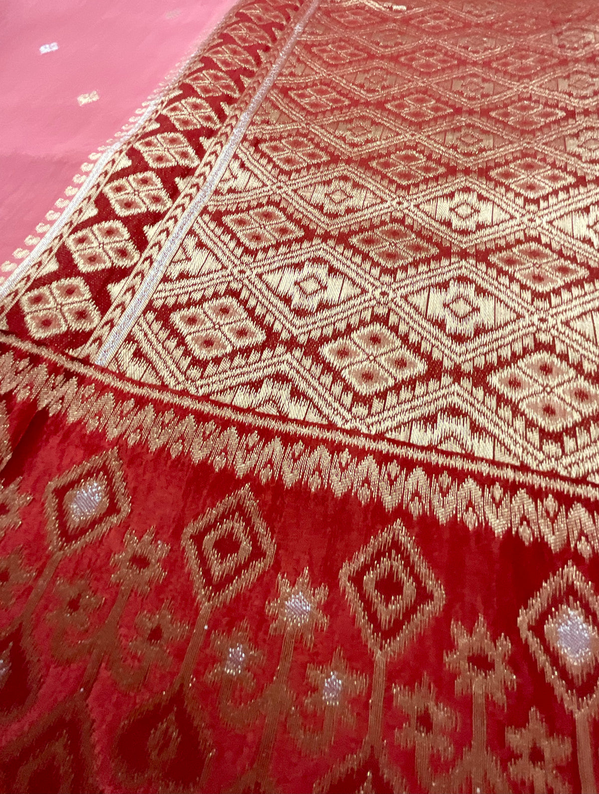 Pink Banarasi Handloom Silk Saree with Ikat Border — Maroon Contrast Pallu & Designer Blouse
