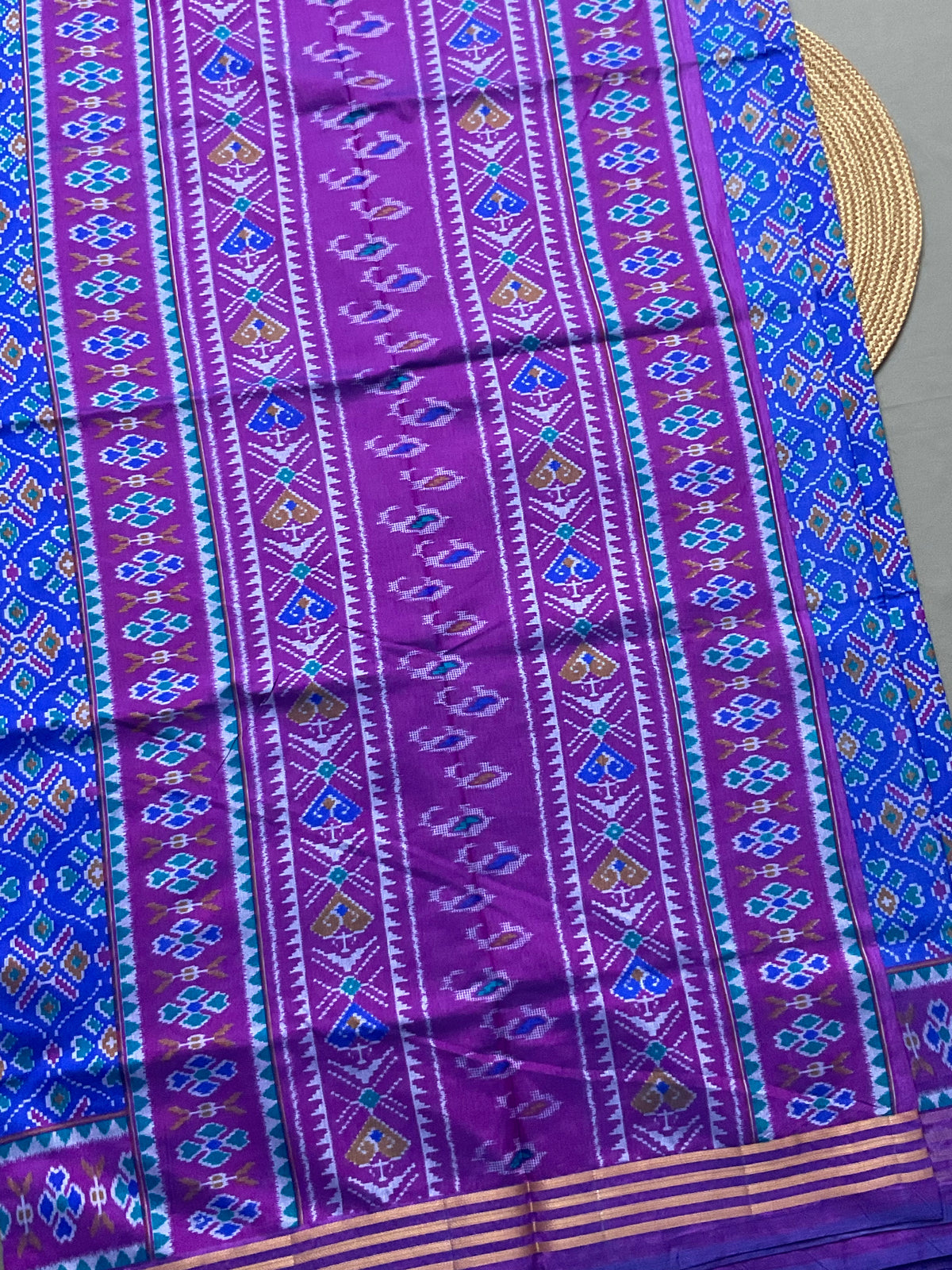 Pochampally Cotton Silk Ikkat Patola Print Saree in Blue with Designer Pink Pallu