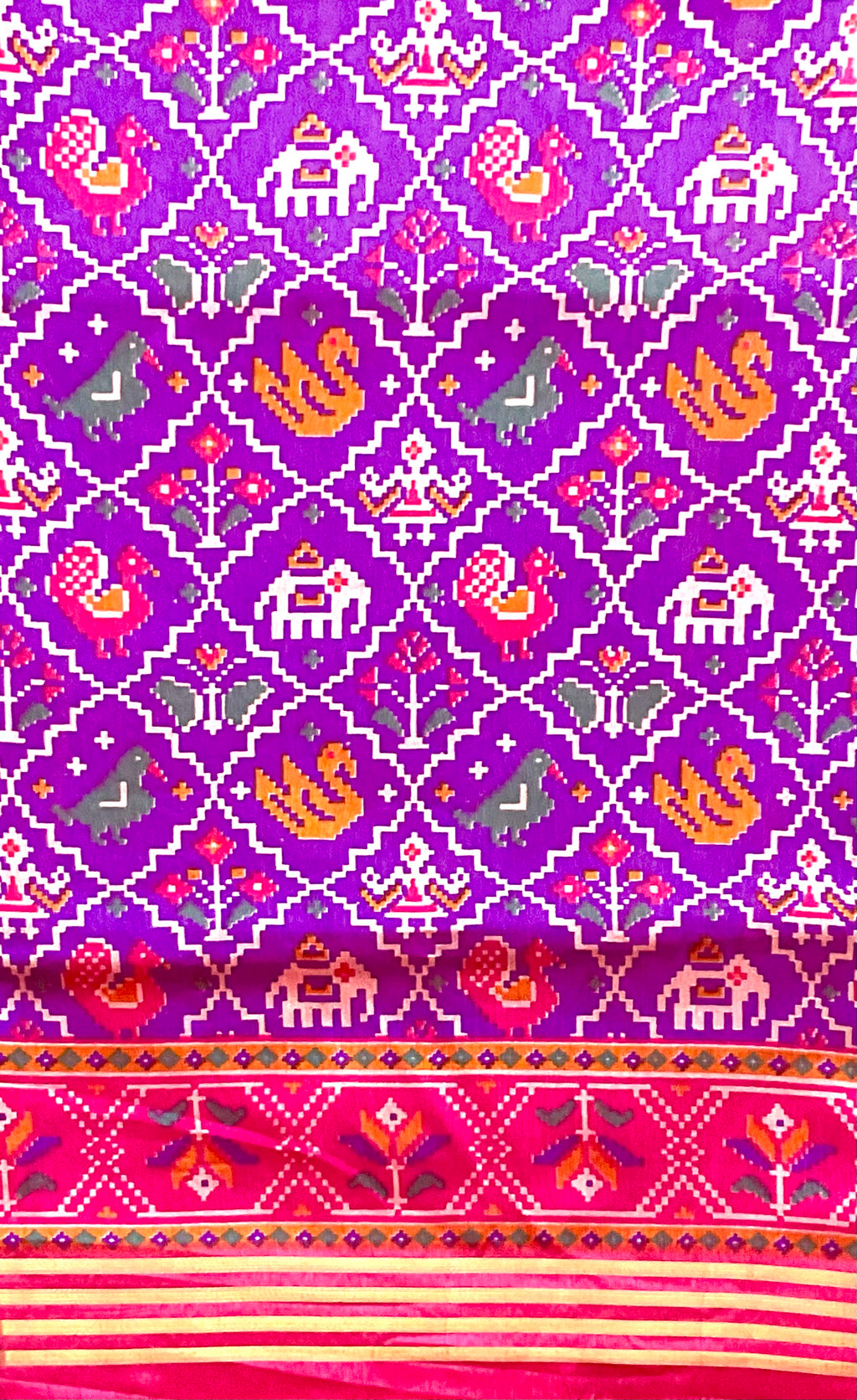 Pochampally Cotton Silk Ikkat Patola Print Saree in Purple with Rani Pink Designer Pallu