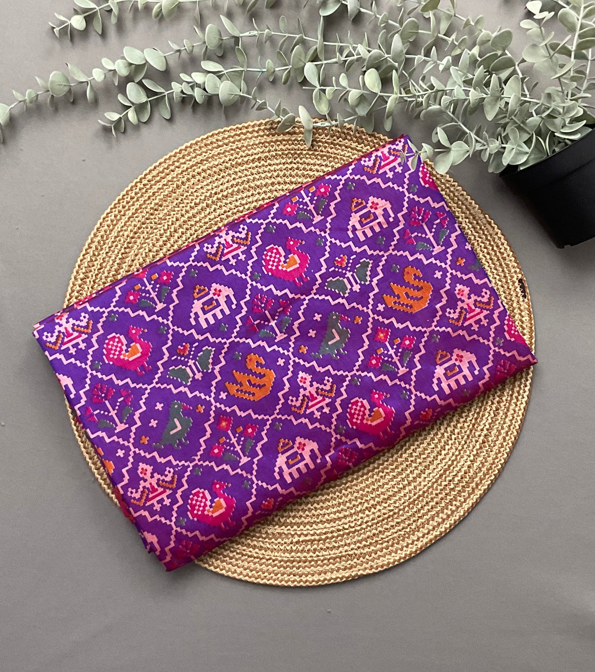 Pochampally Cotton Silk Ikkat Patola Print Saree in Purple with Rani Pink Designer Pallu