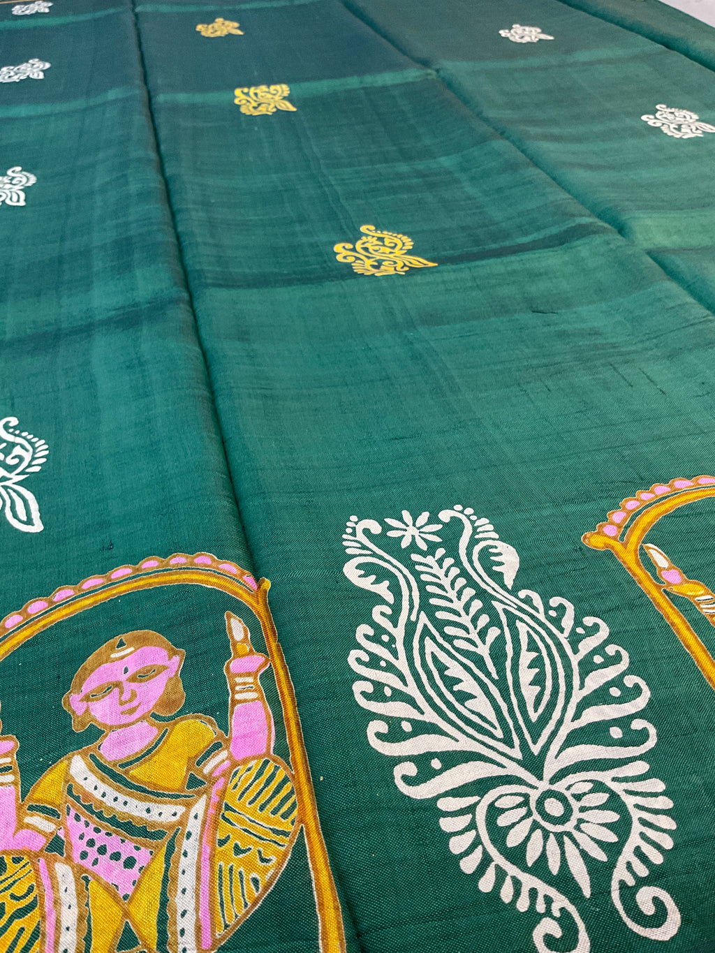 Kalamkari Hand Block Printed Pure Silk Saree in Green with Designer Pallu & Blouse
