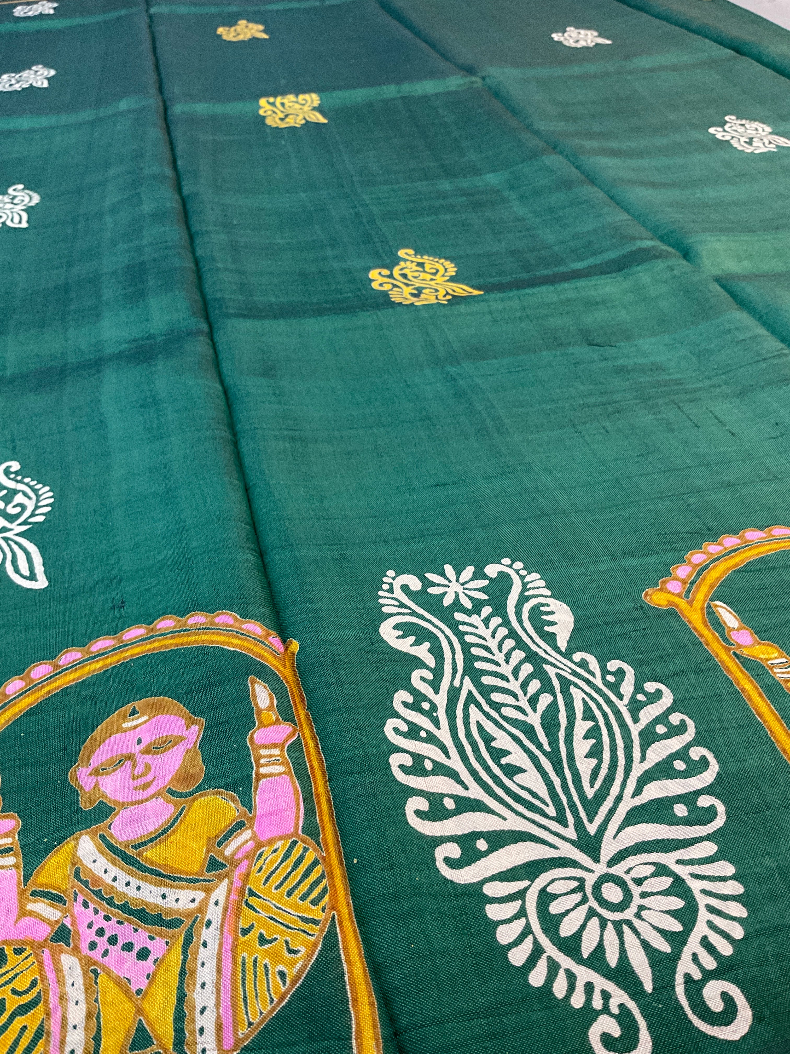 Kalamkari Hand Block Printed Pure Silk Saree in Green with Designer Pallu & Blouse