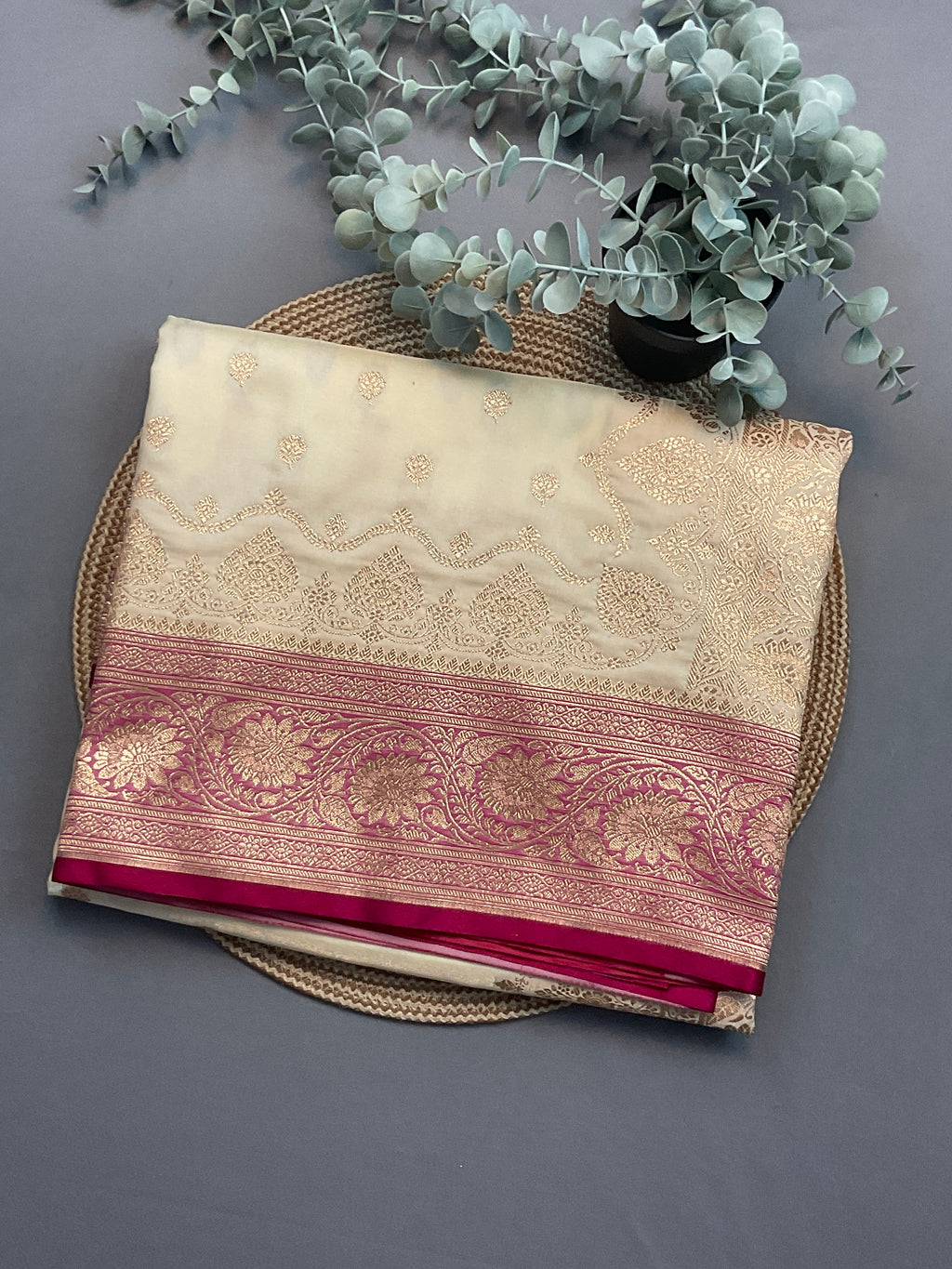 Handloom Banarasi Silk Saree in White with Contrast Pink Border & Designer Pallu